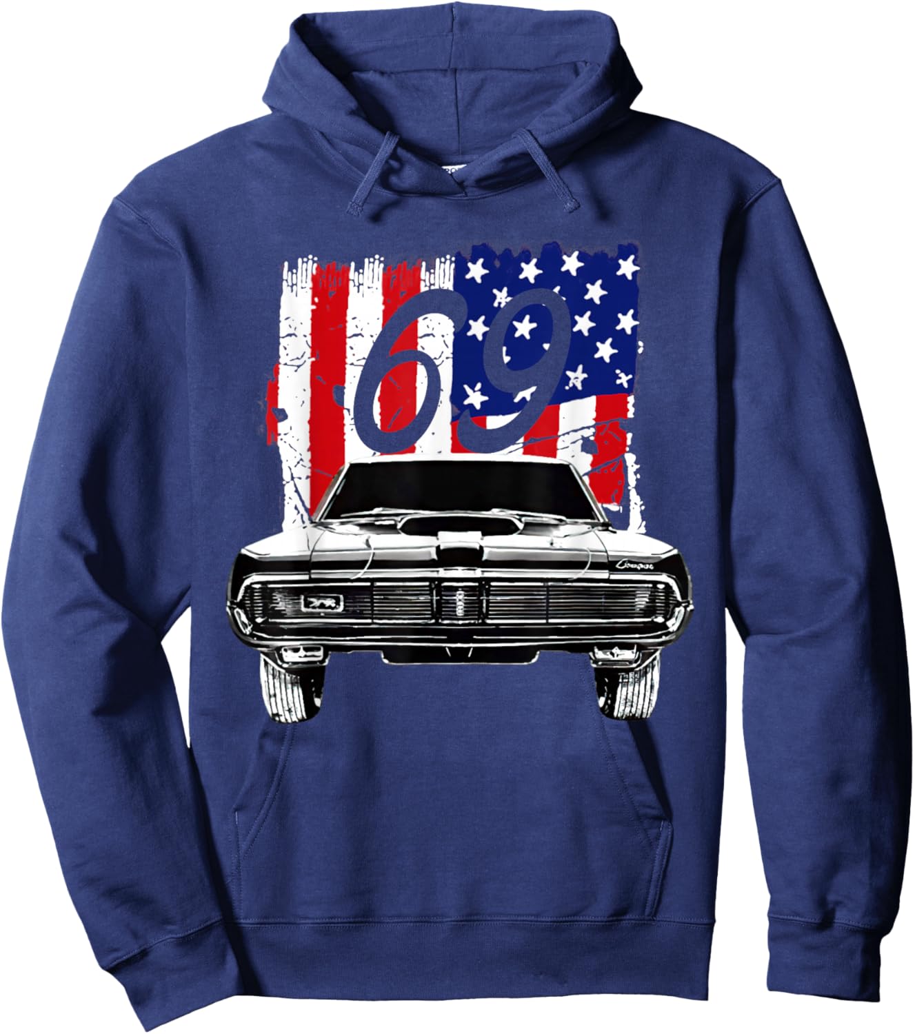 1969 69 Mercury Cougar Red Classic Vintage Old Car USA Flag Hoodie - Hoodie | Navy