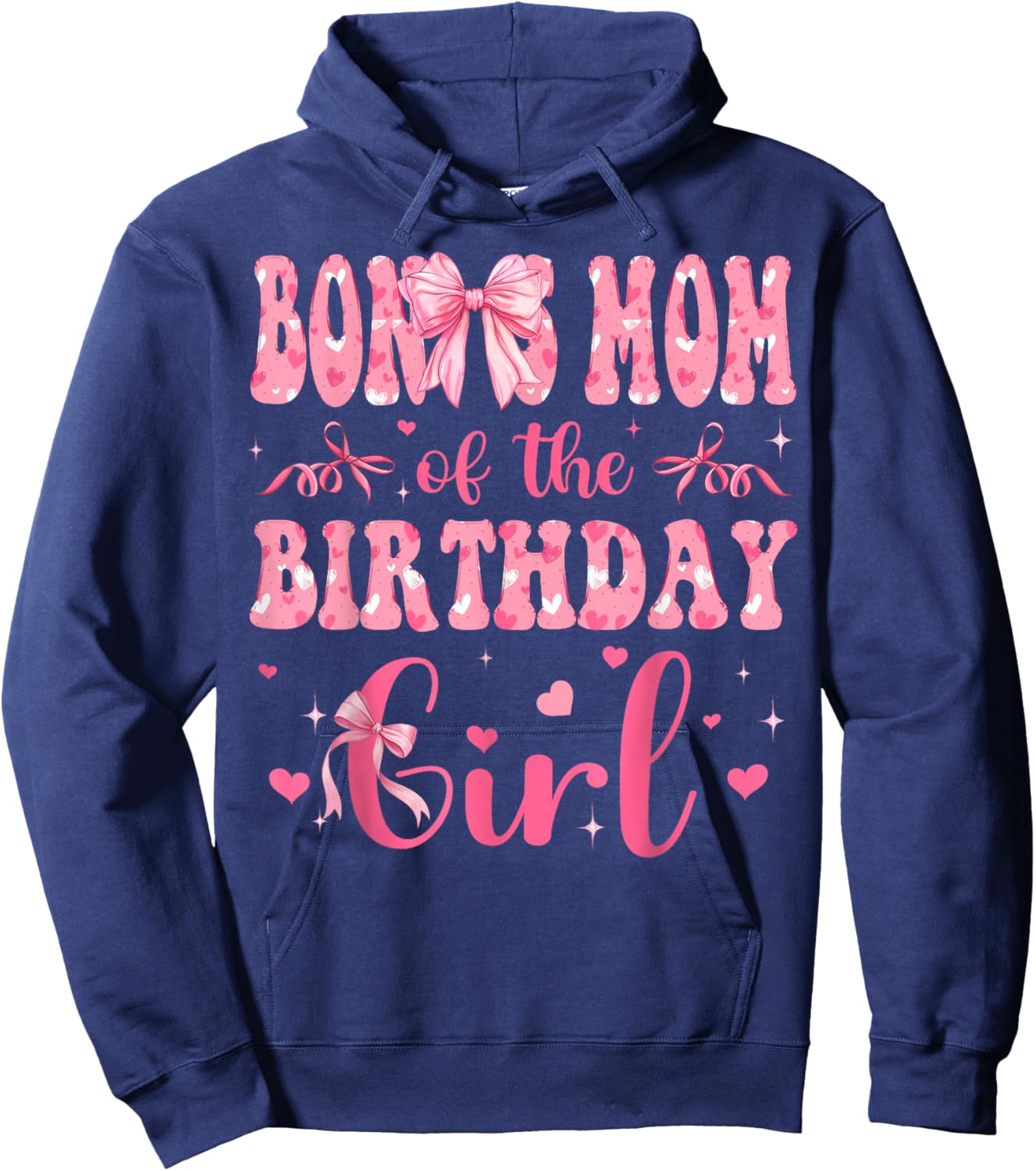 Bonus Mom of The Birthday Girl Matching Pink Coquette Bow Hoodie - Hoodie | Navy