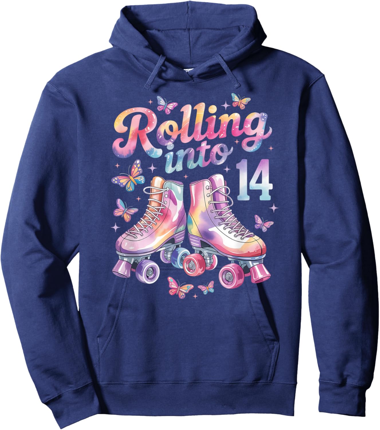 Rolling Into 14 Butterfly Roller Skate Birthday 14 Years Old Hoodie - Hoodie | Navy