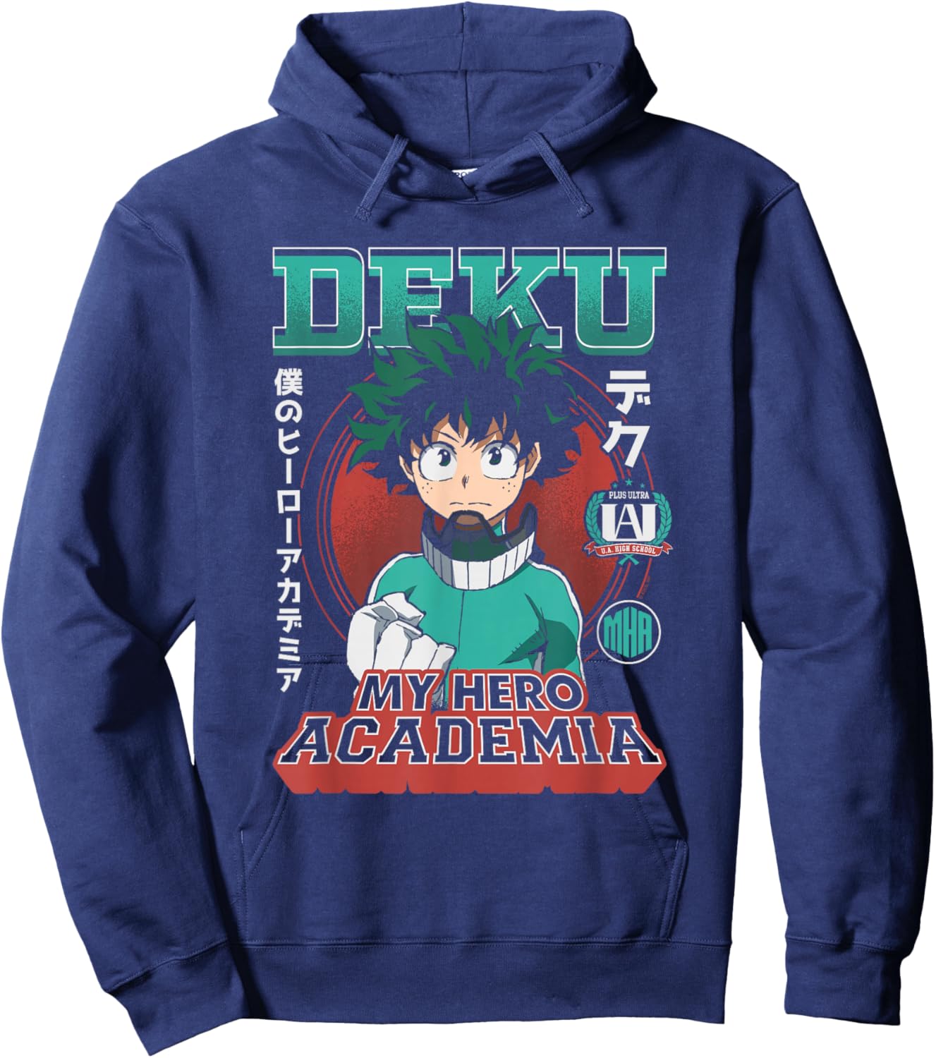 MHA Deku Portrait Collage with Badges and Kanji Anime Hoodie - Hoodie | Navy