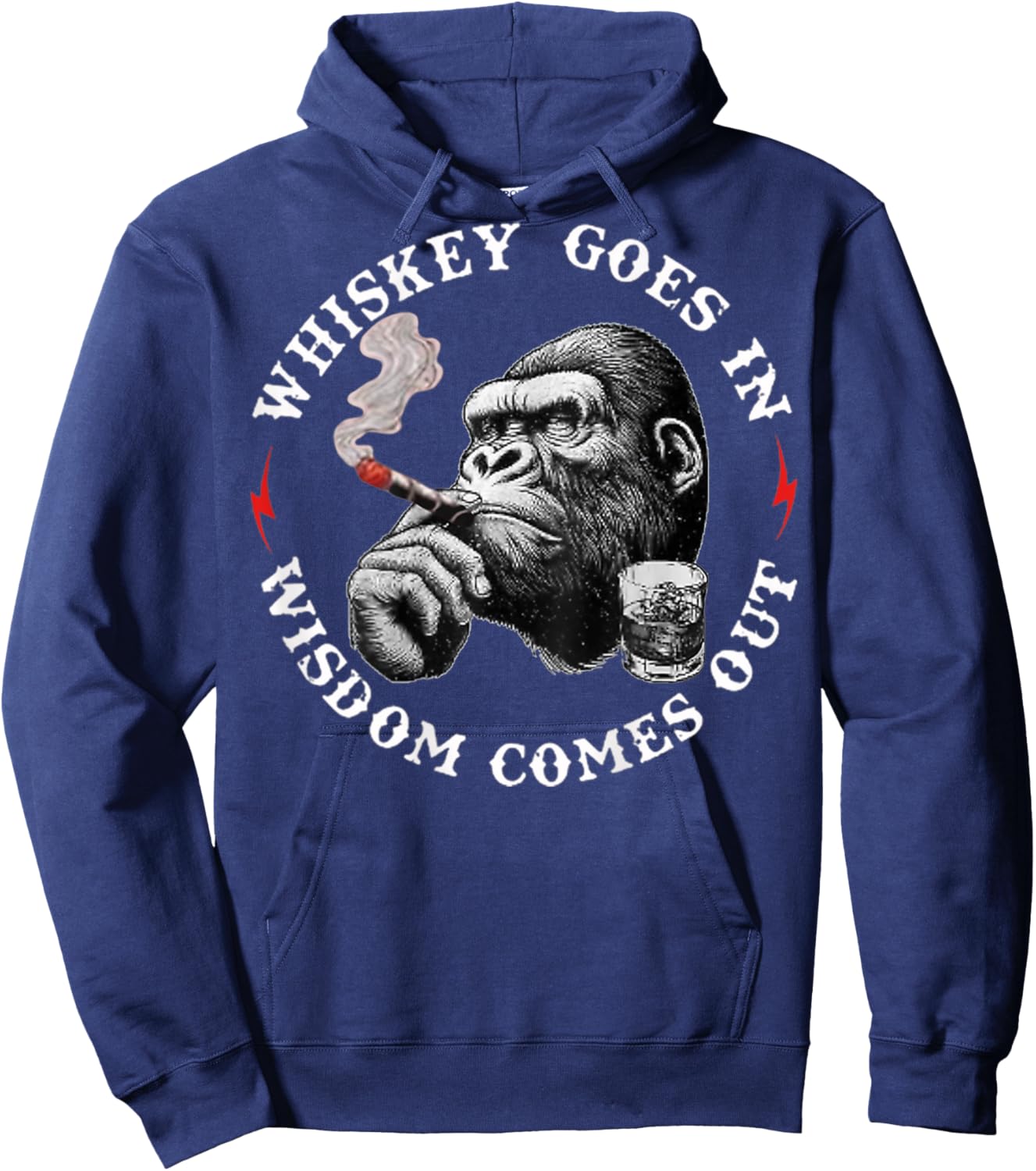 Whiskey Goes in Wisdom Comes Out Funny Monkey (On Back) Hoodie - Hoodie | Navy