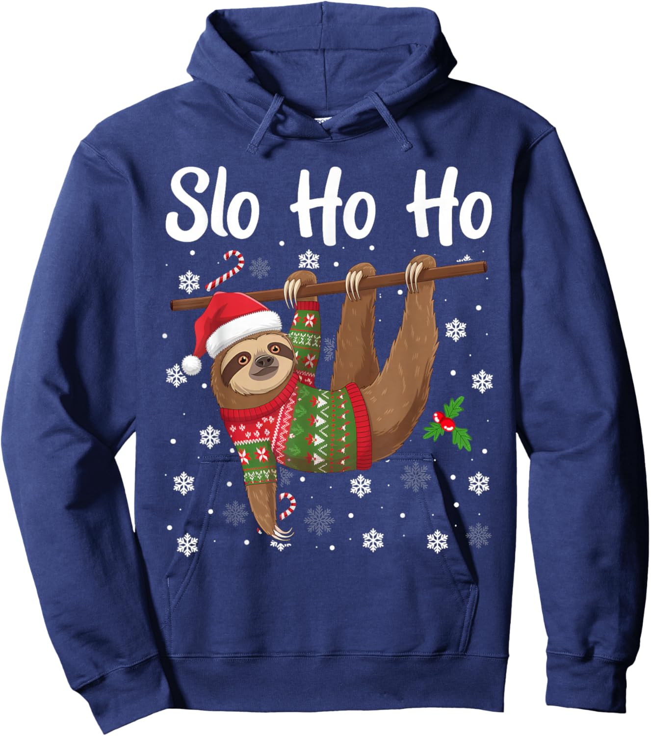 Slo Ho Ho Funny Sloth Christmas Santa Hat Snowflakes Xmas Hoodie - Hoodie | Navy