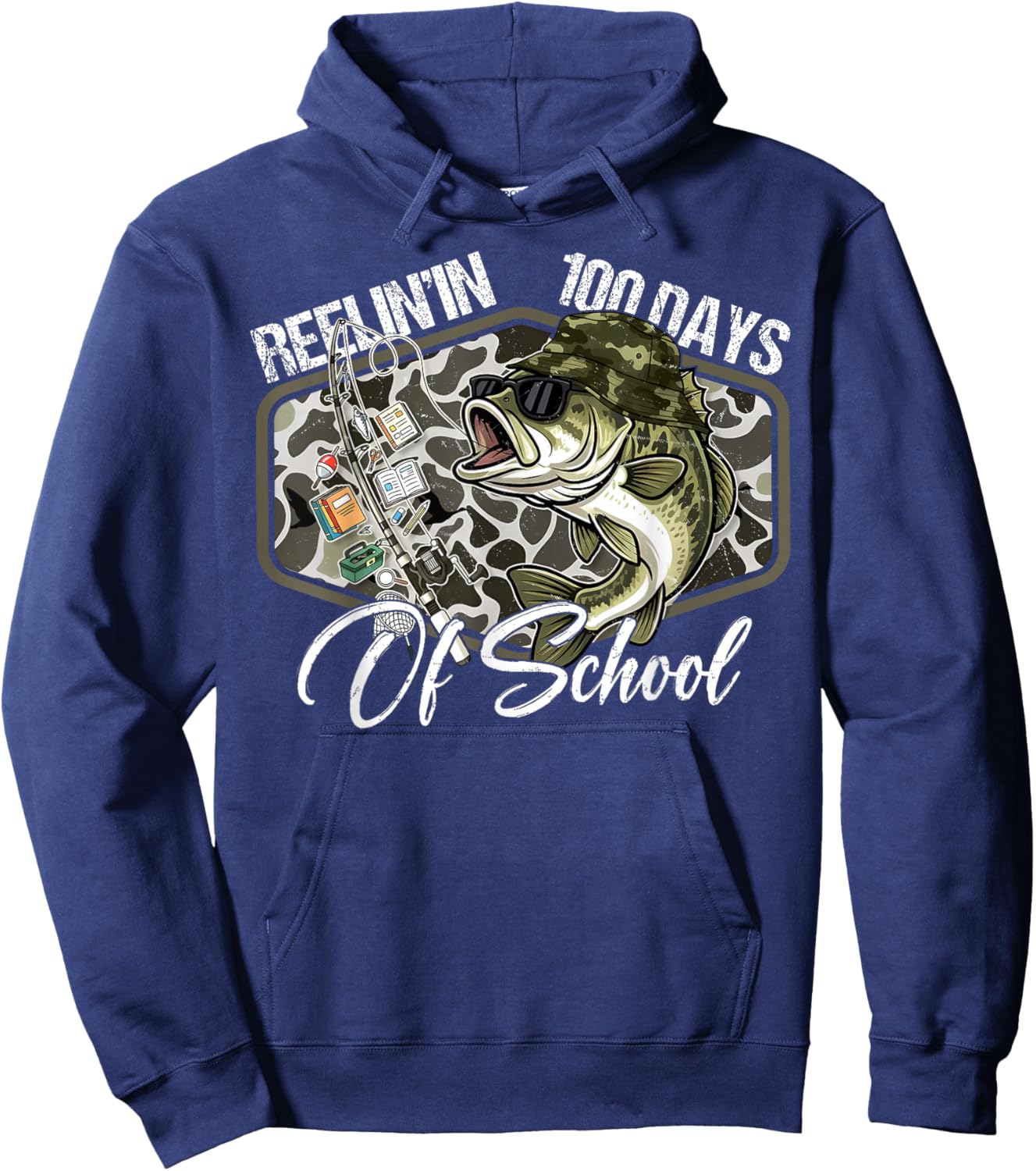 Retro Reelin’ in 100 Days of School Camo Bass Fishing Boys Hoodie - Hoodie | Navy
