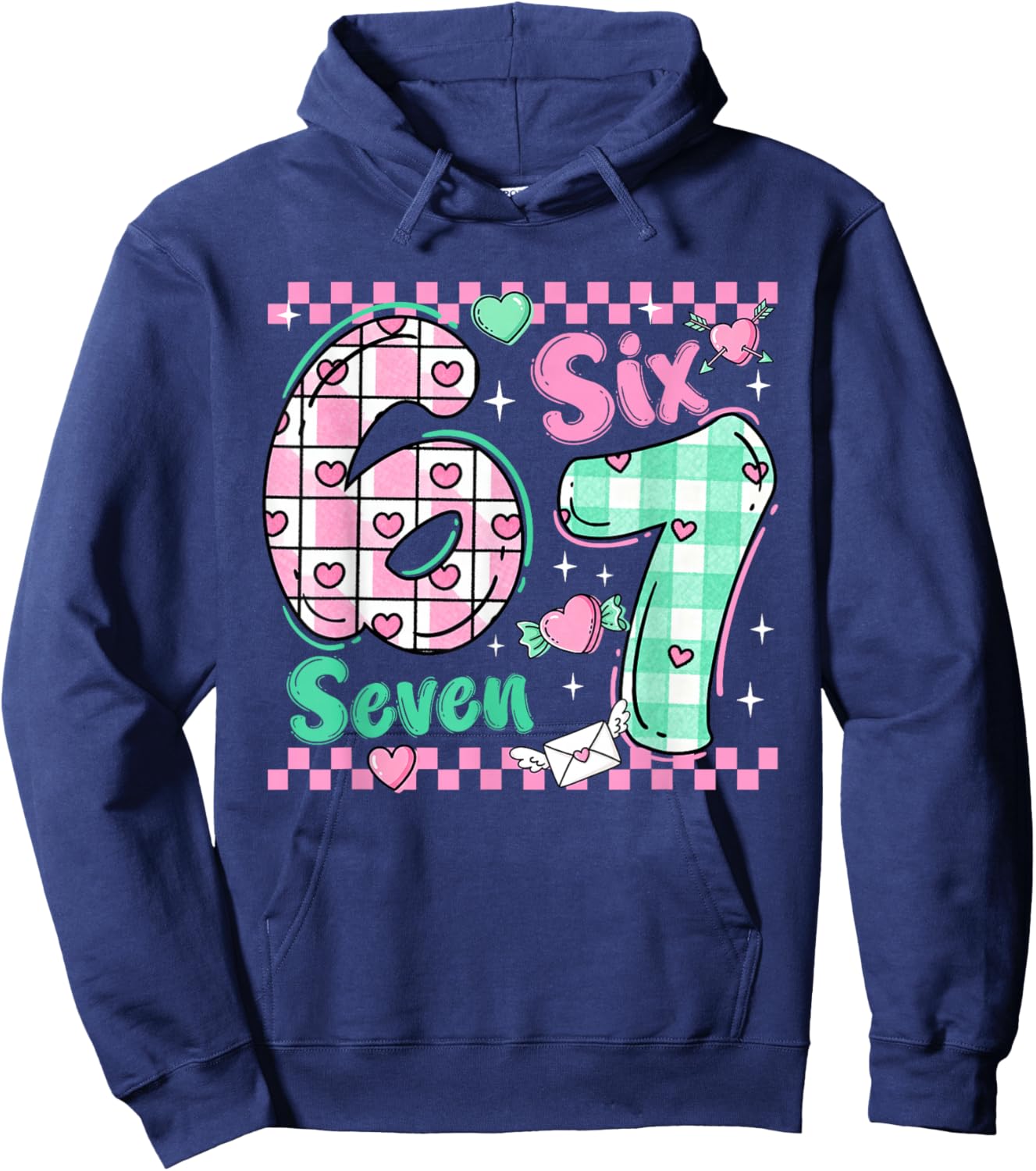 Checkered 67 Meme Six Seven Viral Number Valentines Girl Kid Hoodie - Hoodie | Navy