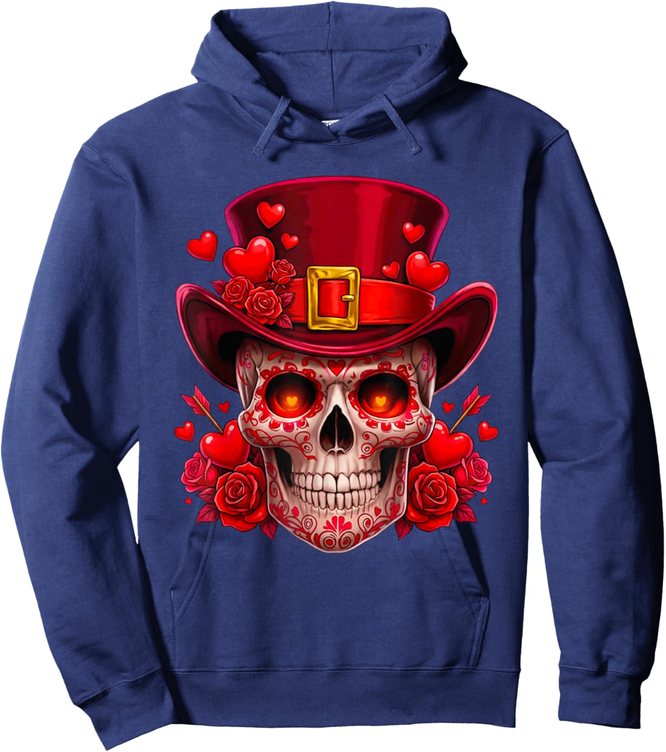 Sugar Skull Valentine Cupid Red Roses Couples Matching Skull Hoodie - Hoodie | Navy