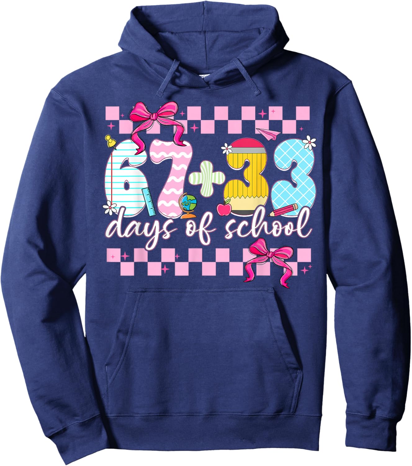 67 + 33 Days of School Cute Coquette Bow Girl Kid Teacher Hoodie - Hoodie | Navy