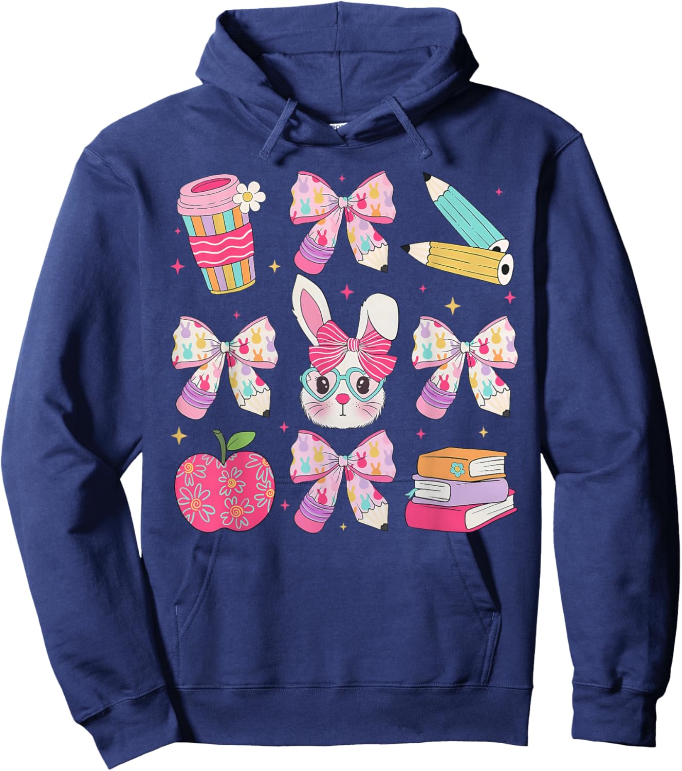 Funny Bunny Coquette Bow Rabbit Teacher Easter Retro Trendy Hoodie - Hoodie | Navy
