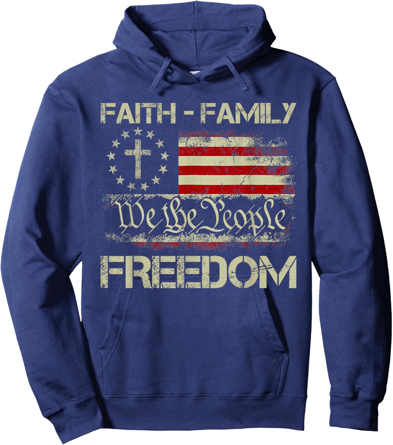 Faith Family Freedom Patriotic Christian Cross American Flag Hoodie - Hoodie | Navy