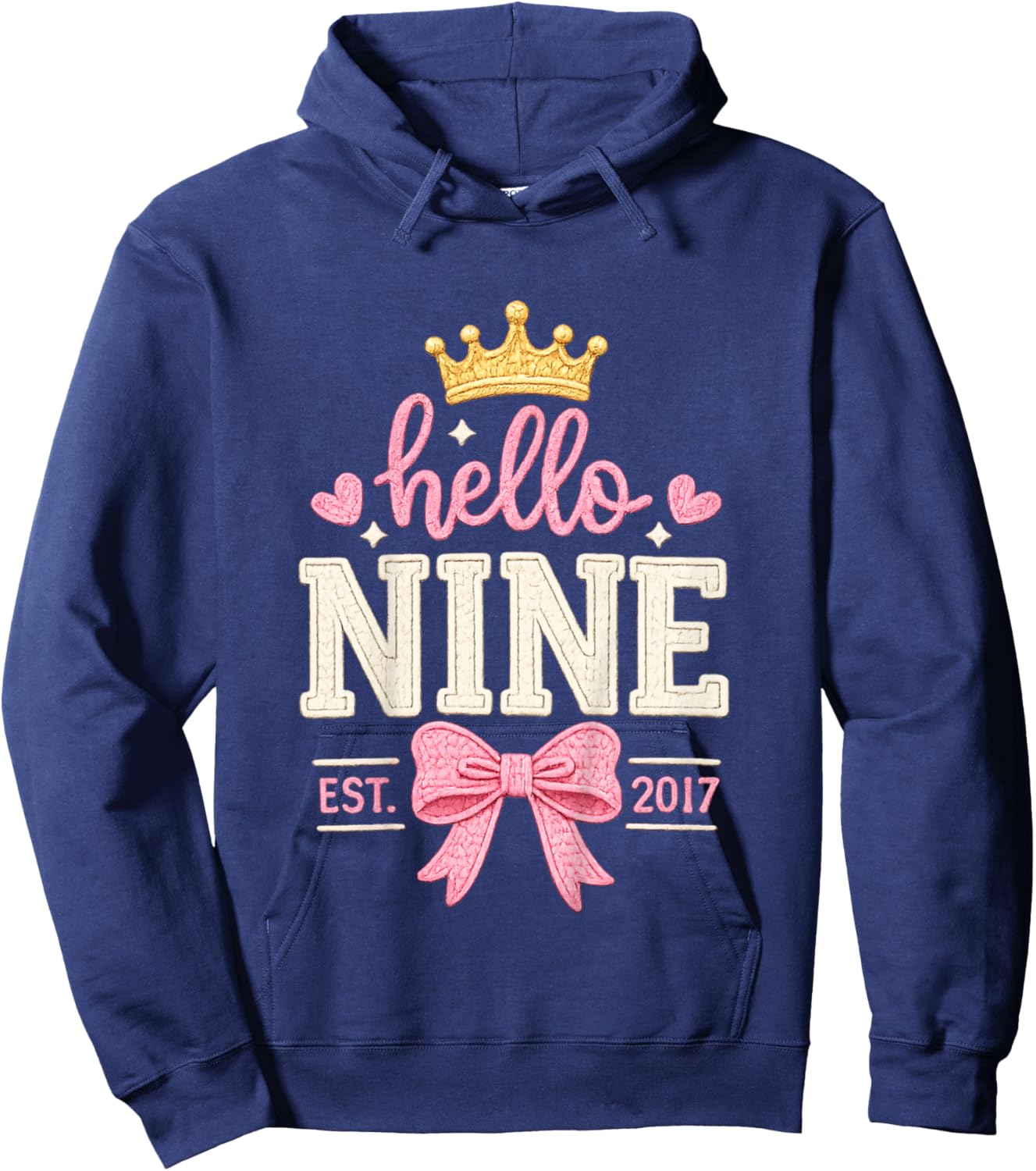 Hello Nine Est 2017 Cute 9th Birthday Bow 9 Years Old Girl Hoodie - Hoodie | Navy