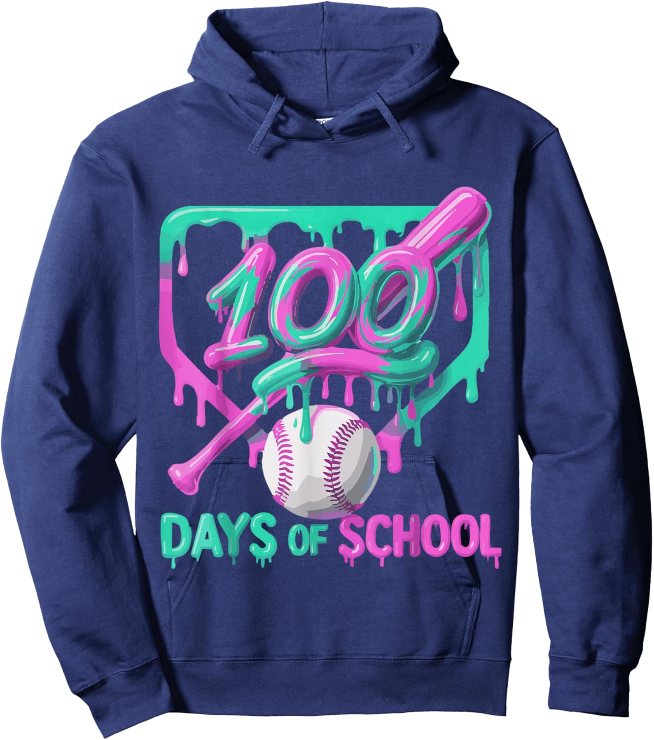 100 Days of School Baseball Ice Cream Drip 100th Day Player Hoodie - Hoodie | Navy