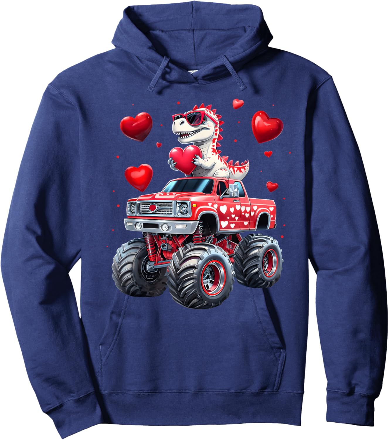 T Rex Riding Monster Truck Funny Toddler Boys Valentine Hoodie - Hoodie | Navy