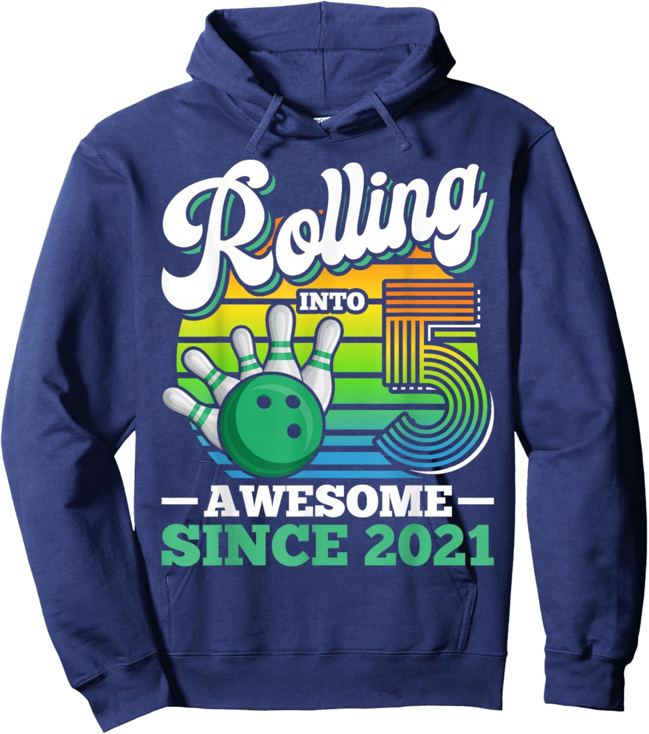 Rolling Into 5 Boy Retro Bowling Birthday Party 5th Birthday Hoodie - Hoodie | Navy