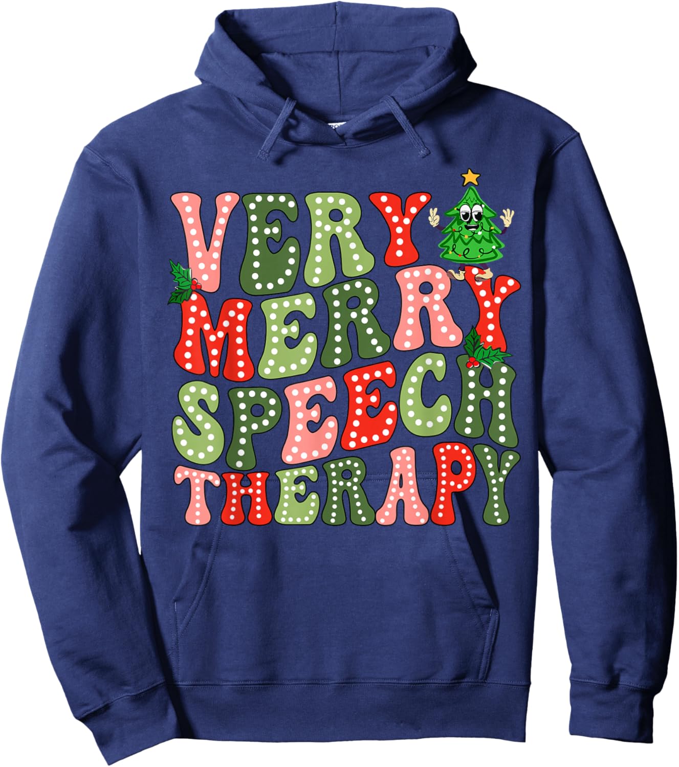 Very Merry Speech Therapist Christmas SLP Xmas Tree Therapy Hoodie - Hoodie | Navy