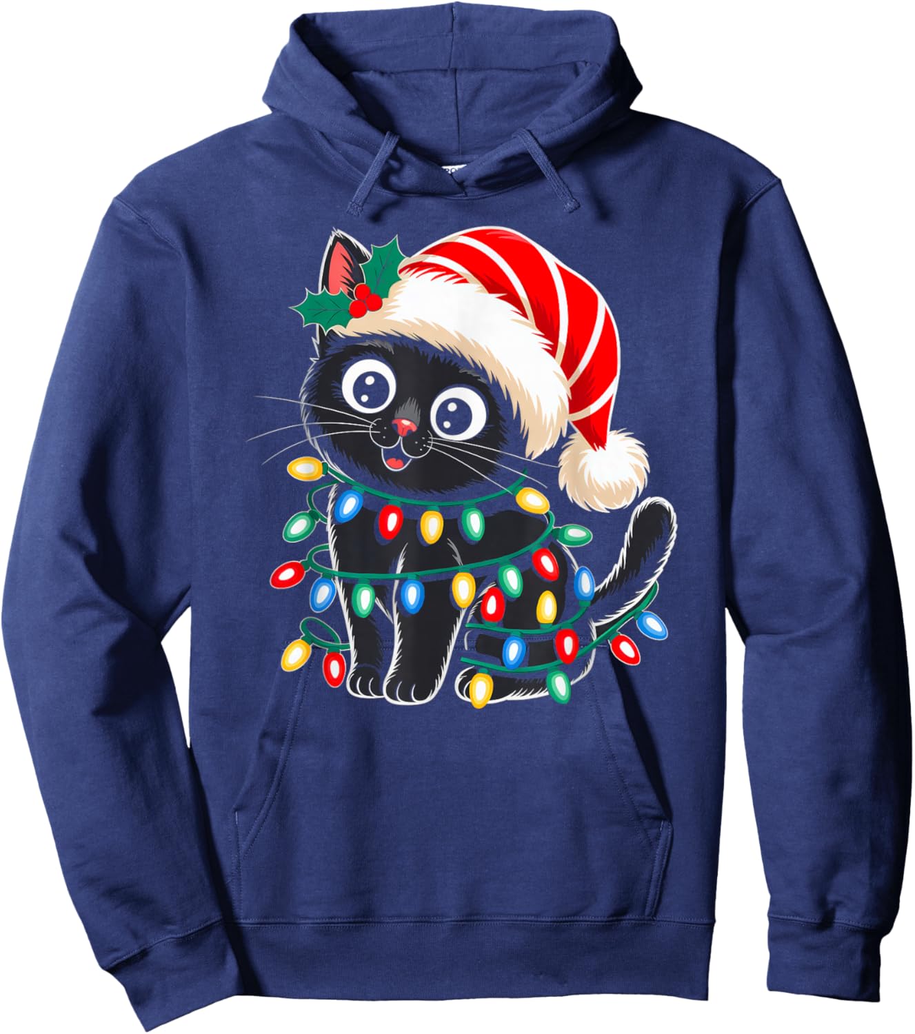 Black Cat Christmas Lights Santa Hat Xmas Pajamas Cat Lover Hoodie - Hoodie | Navy