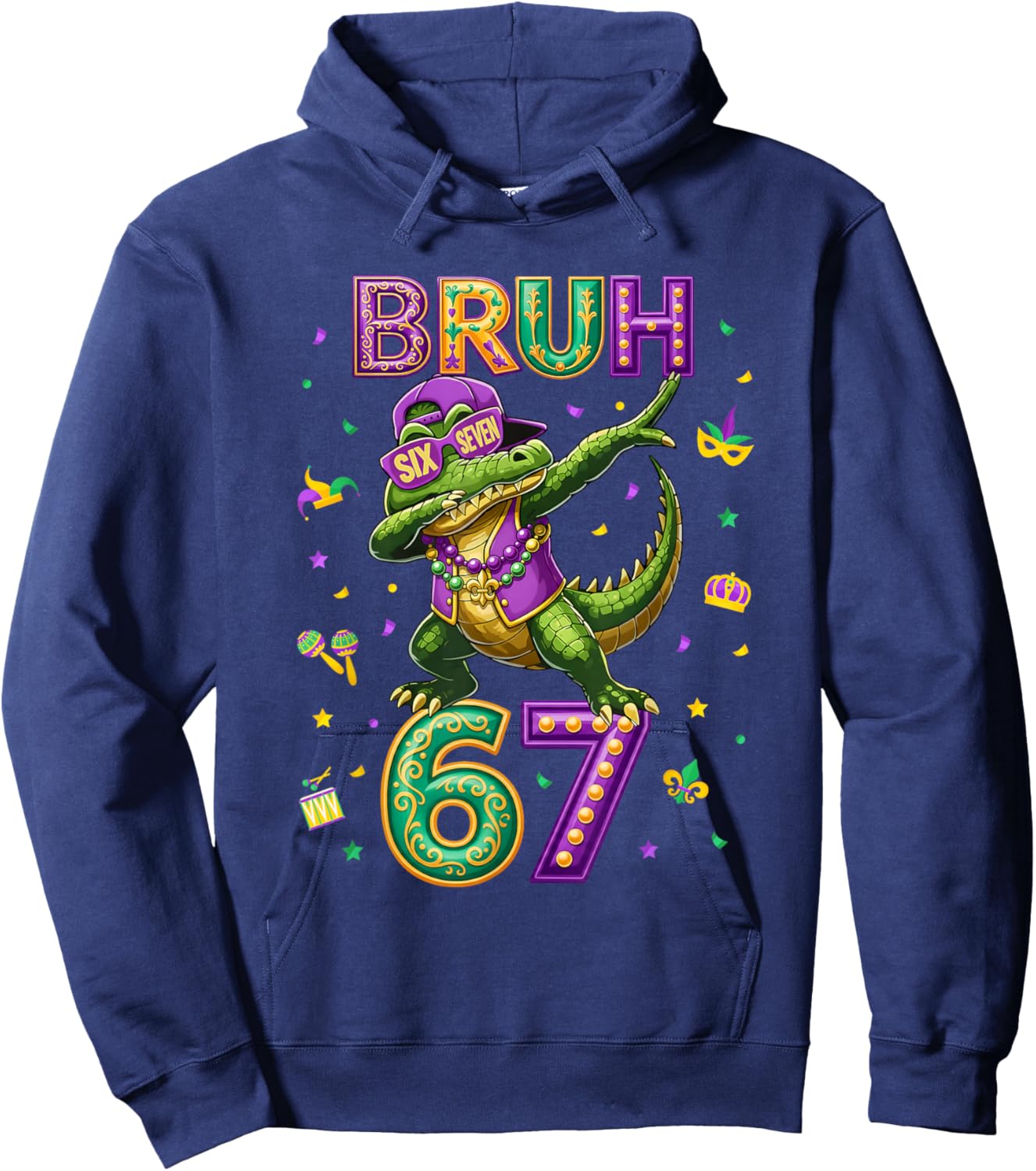 Mardi Gras Six Seven Bruh Mardigator Alligator 6 7 Meme Boys Hoodie - Hoodie | Navy