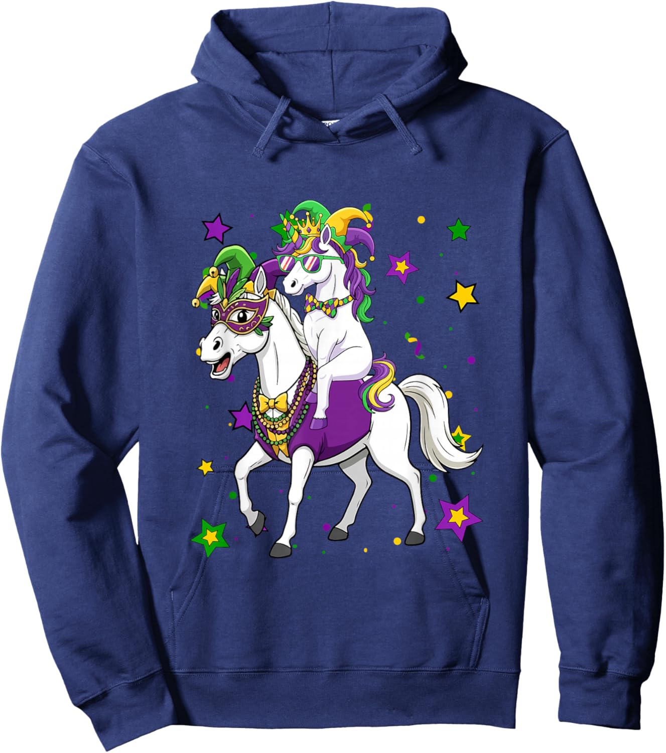 Unicorn Riding Horse Mardi Gras Beads Masked Jester Hat Hoodie - Hoodie | Navy