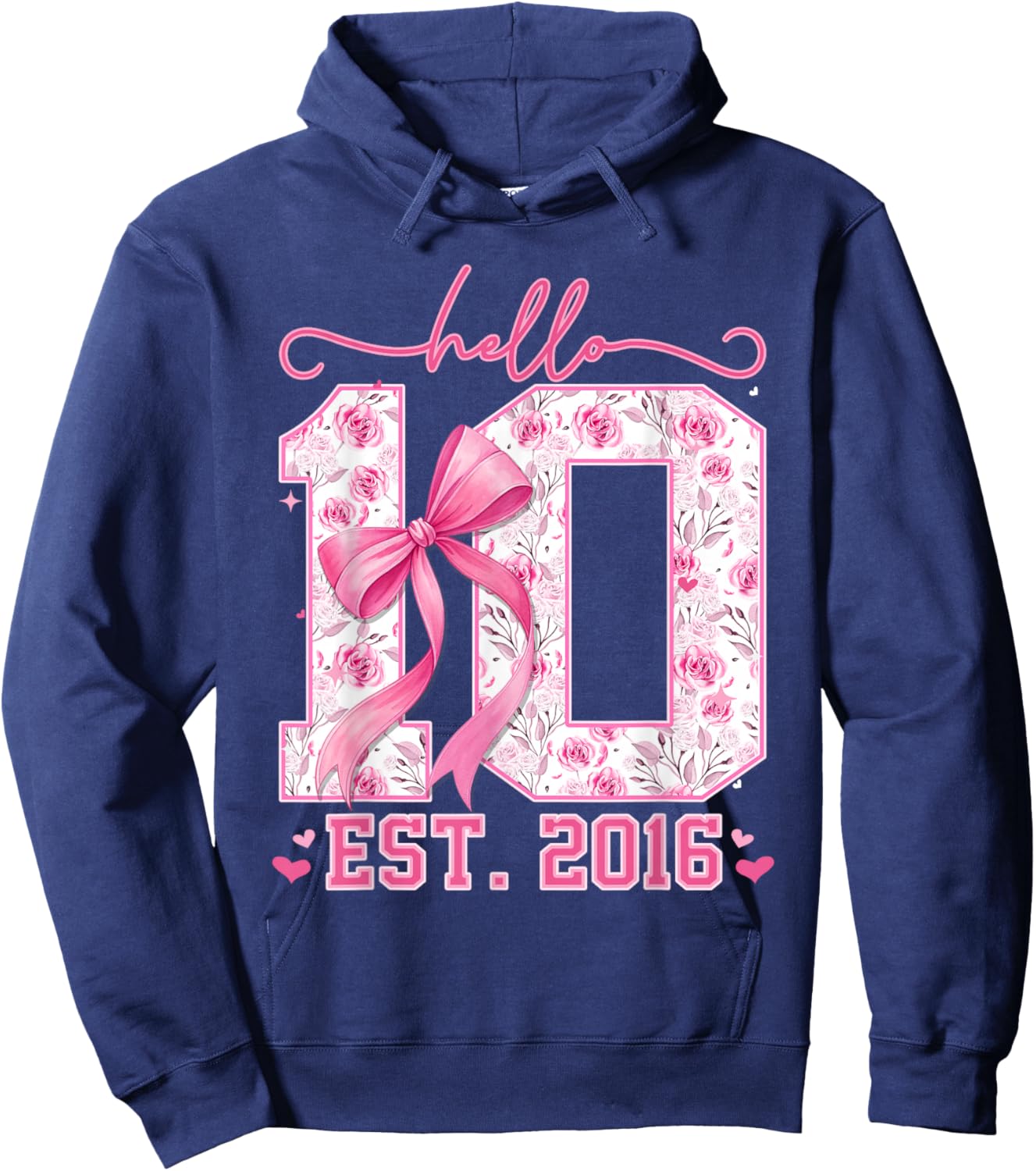 Hello Ten Est 2016 Pink Coquette Bow 10th Birthday Girl Hoodie - Hoodie | Navy
