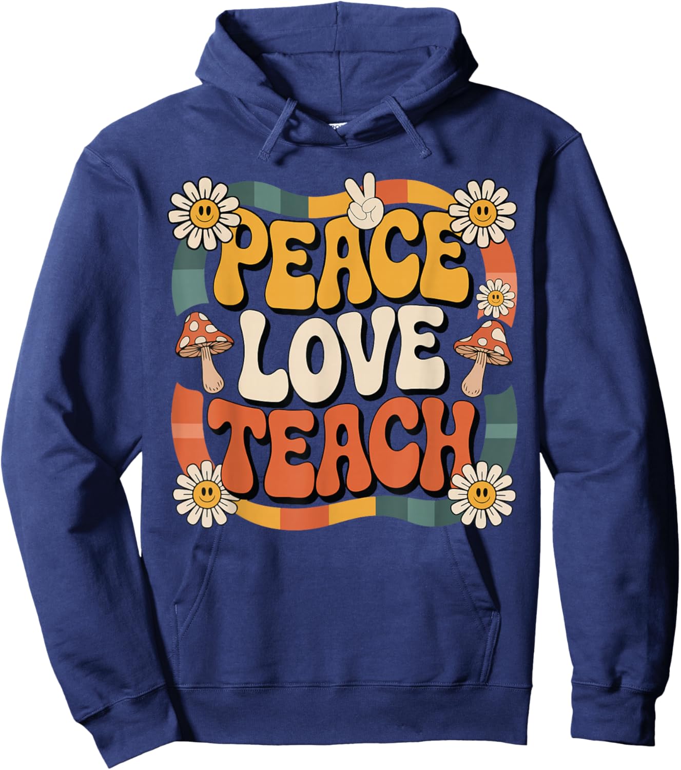 Peace Love Teach Retro Groovy Teacher 70s Daisy Women Men Hoodie - Hoodie | Navy