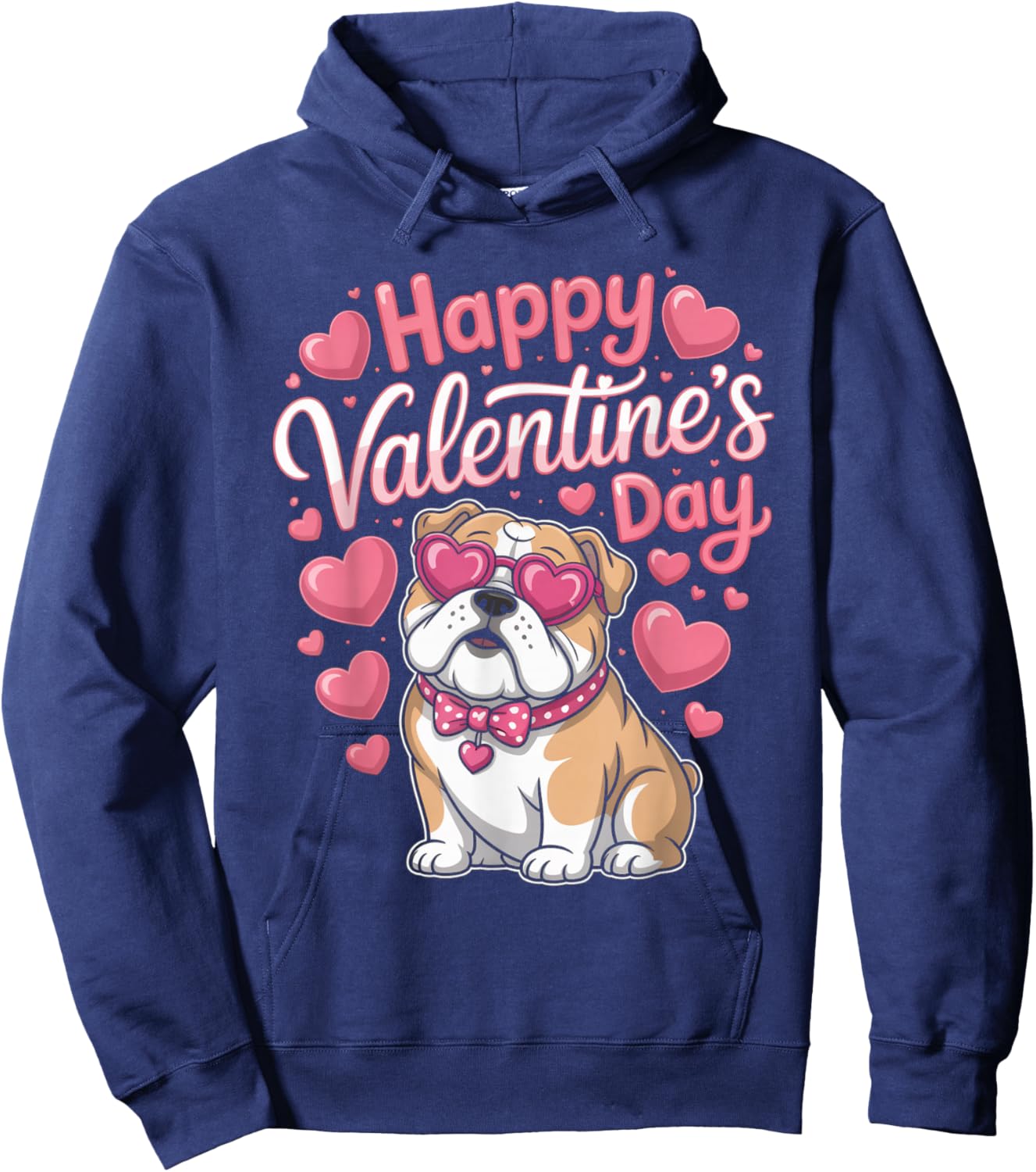 Happy Valentine’s Day Bulldog with Hearts Cute Dog Hoodie - Hoodie | Navy