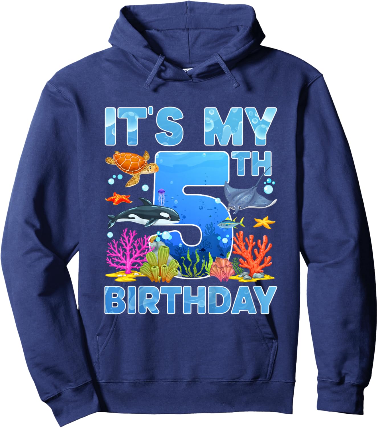 Fifth Ocean Birthday Party 5 Year Old Sea Animals Hoodie - Hoodie | Navy