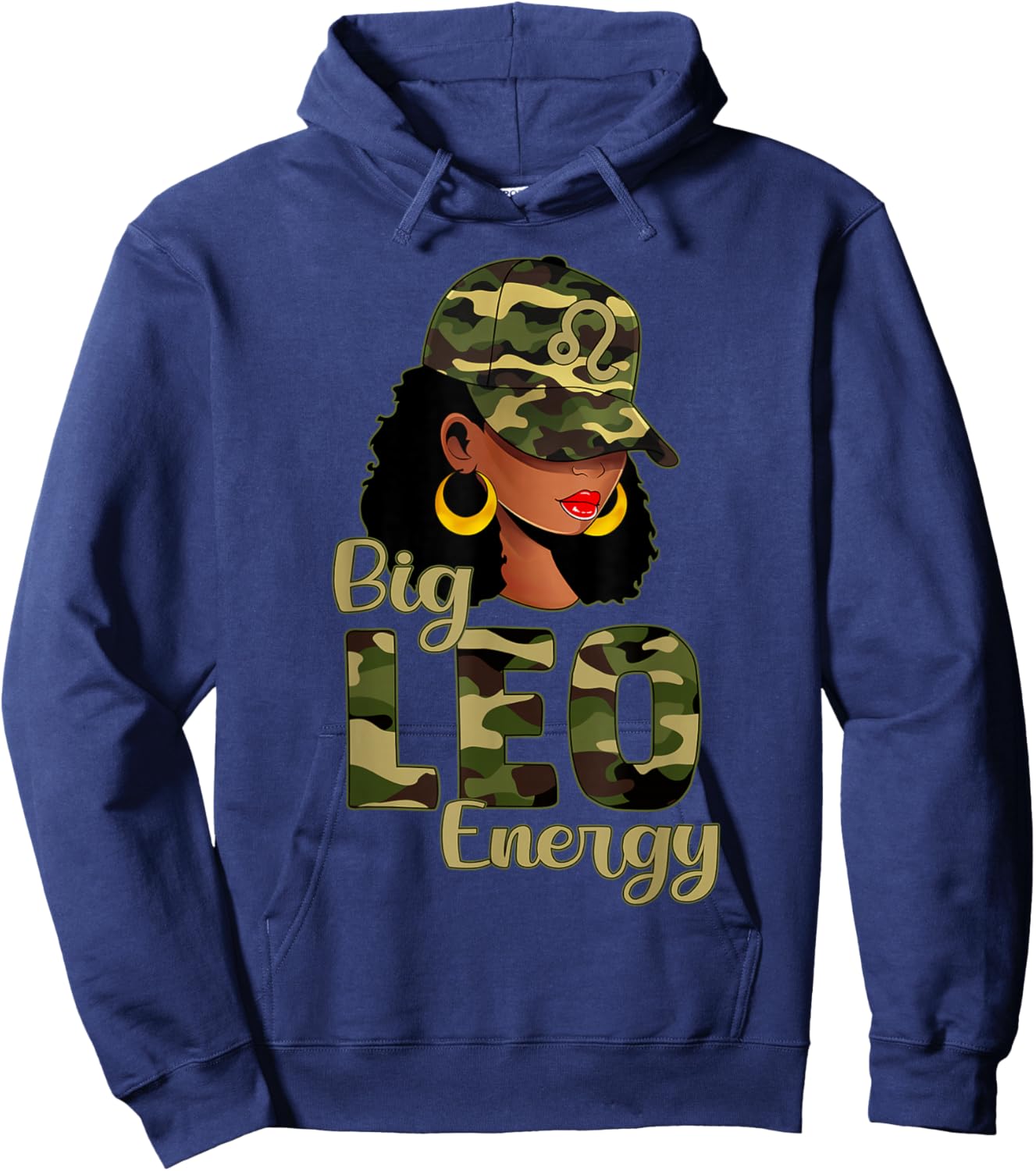 Big Leo Energy Black Woman Camo Cap Hat Zodiac Sign Hoodie - Hoodie | Navy