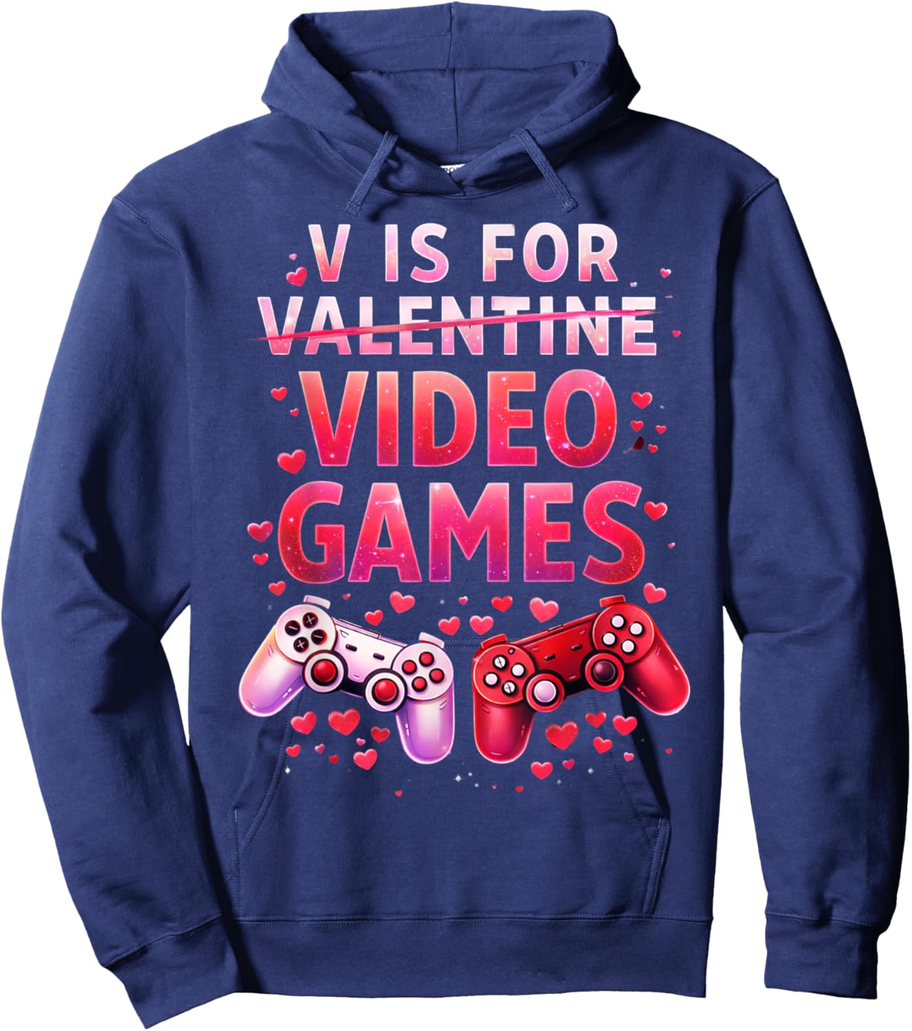 V is for Video Games Funny Valentines Gamer Men Kids Boy Fun Hoodie - Hoodie | Navy