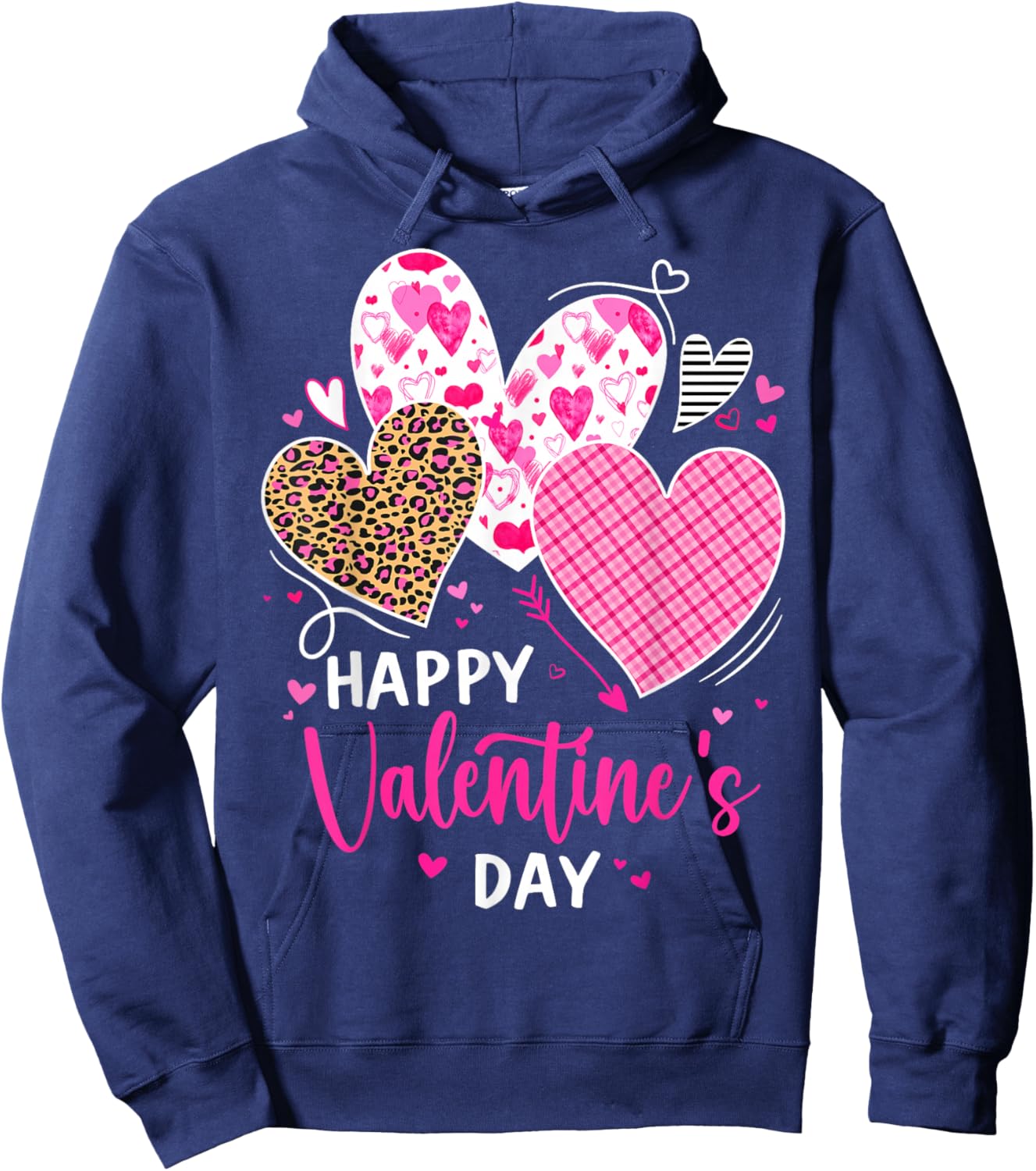 Happy Valentine's Day Leopard and Plaid Hearts Girls Women Hoodie - Hoodie | Navy