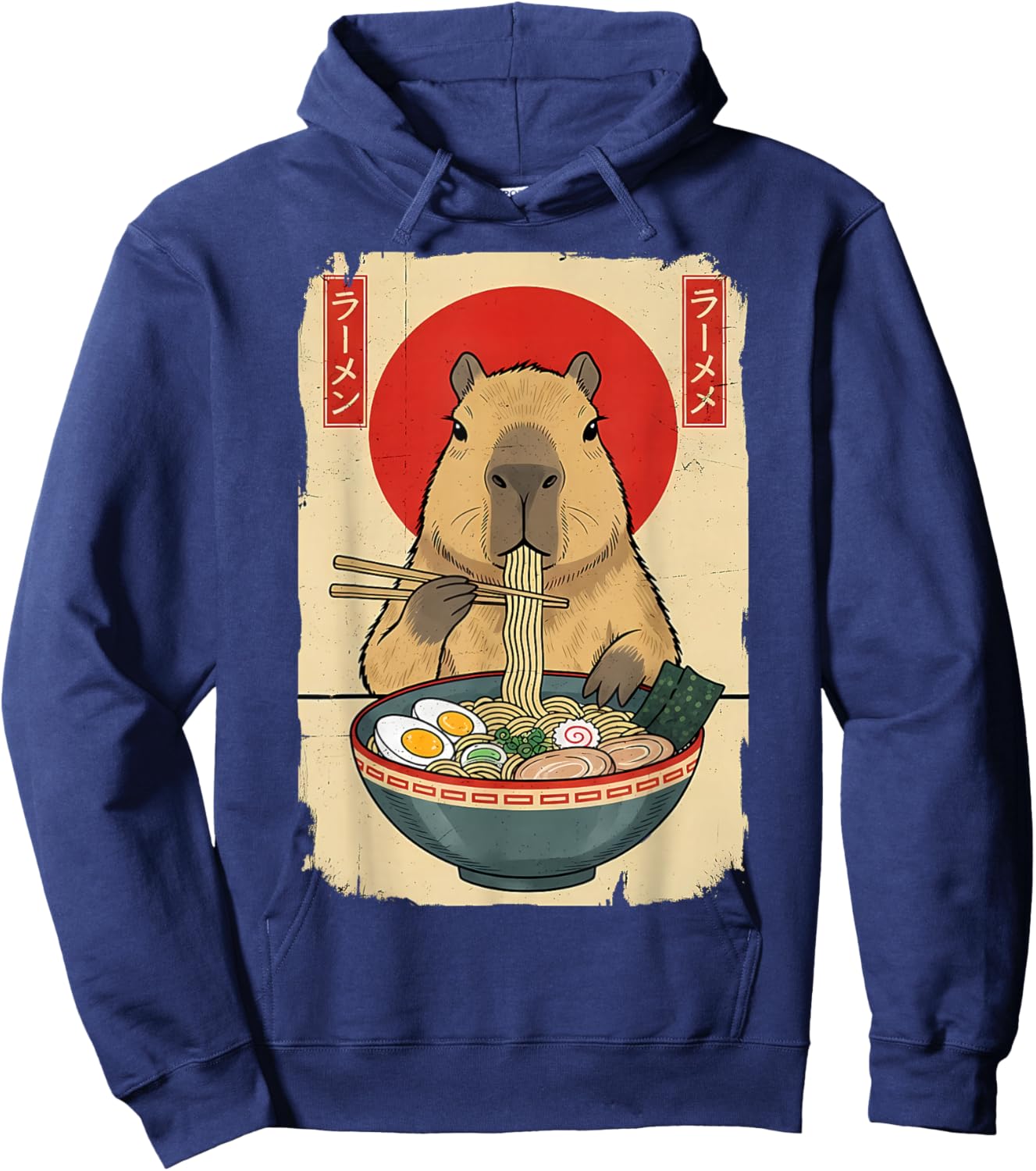 Capybara Eating Ramen Noodles Funny Vintage Japanese Anime Hoodie - Hoodie | Navy