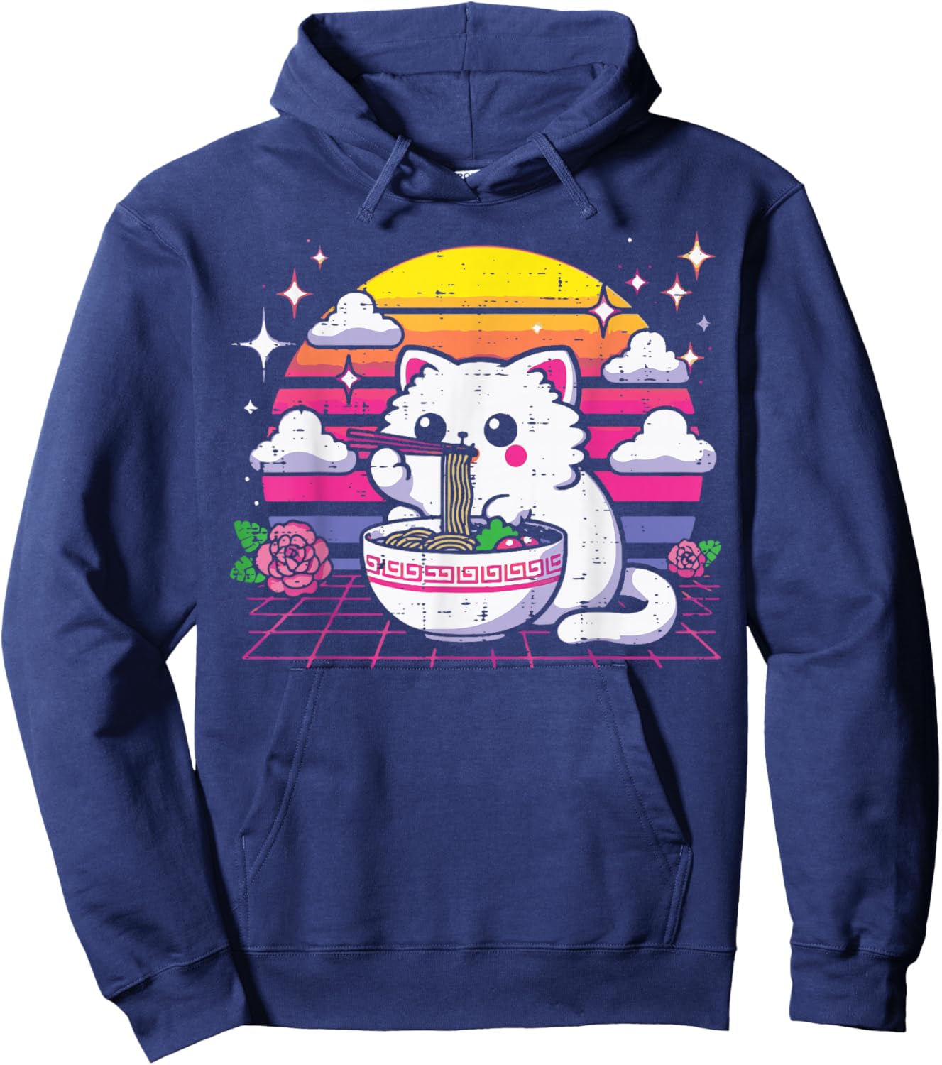 Japanese Cat Eating Ramen Vaporwave Ukiyo-e Women Girls Kids Hoodie - Hoodie | Navy