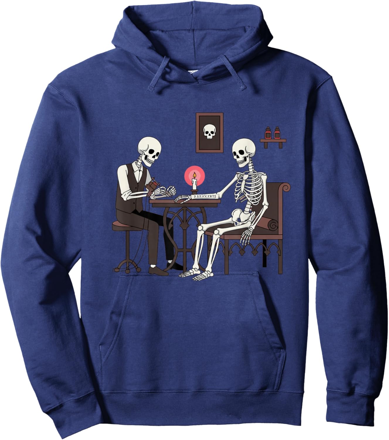 Skeleton Tattoo Artist Giving Ink to Another Skeleton Funny Hoodie - Hoodie | Navy