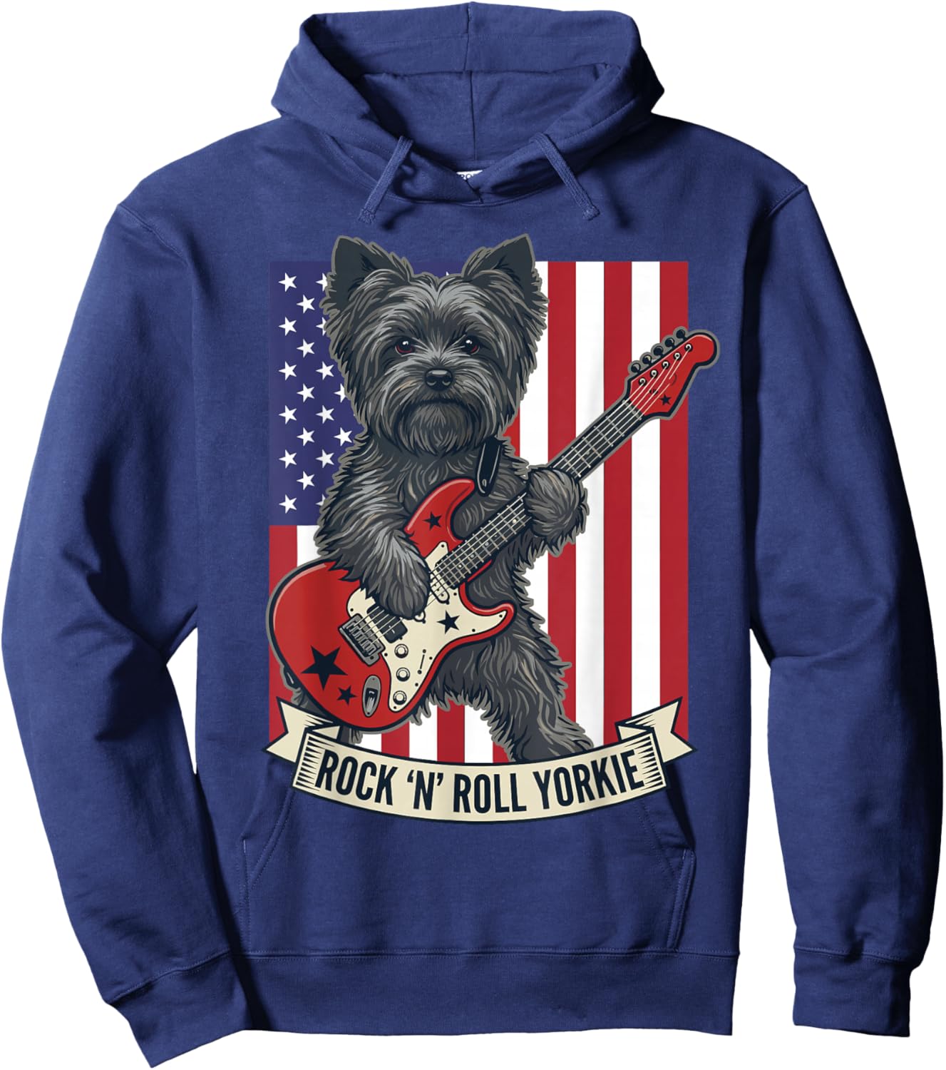 Rock N Roll Yorkie Dog Playing Guitar USA Flag Puppy Hoodie - Hoodie | Navy