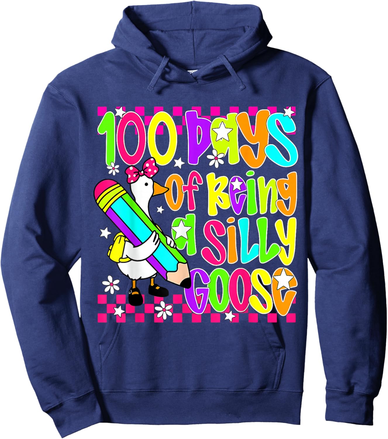 Floral Checkered 100 Days of Being A Silly School Goose Hoodie - Hoodie | Navy