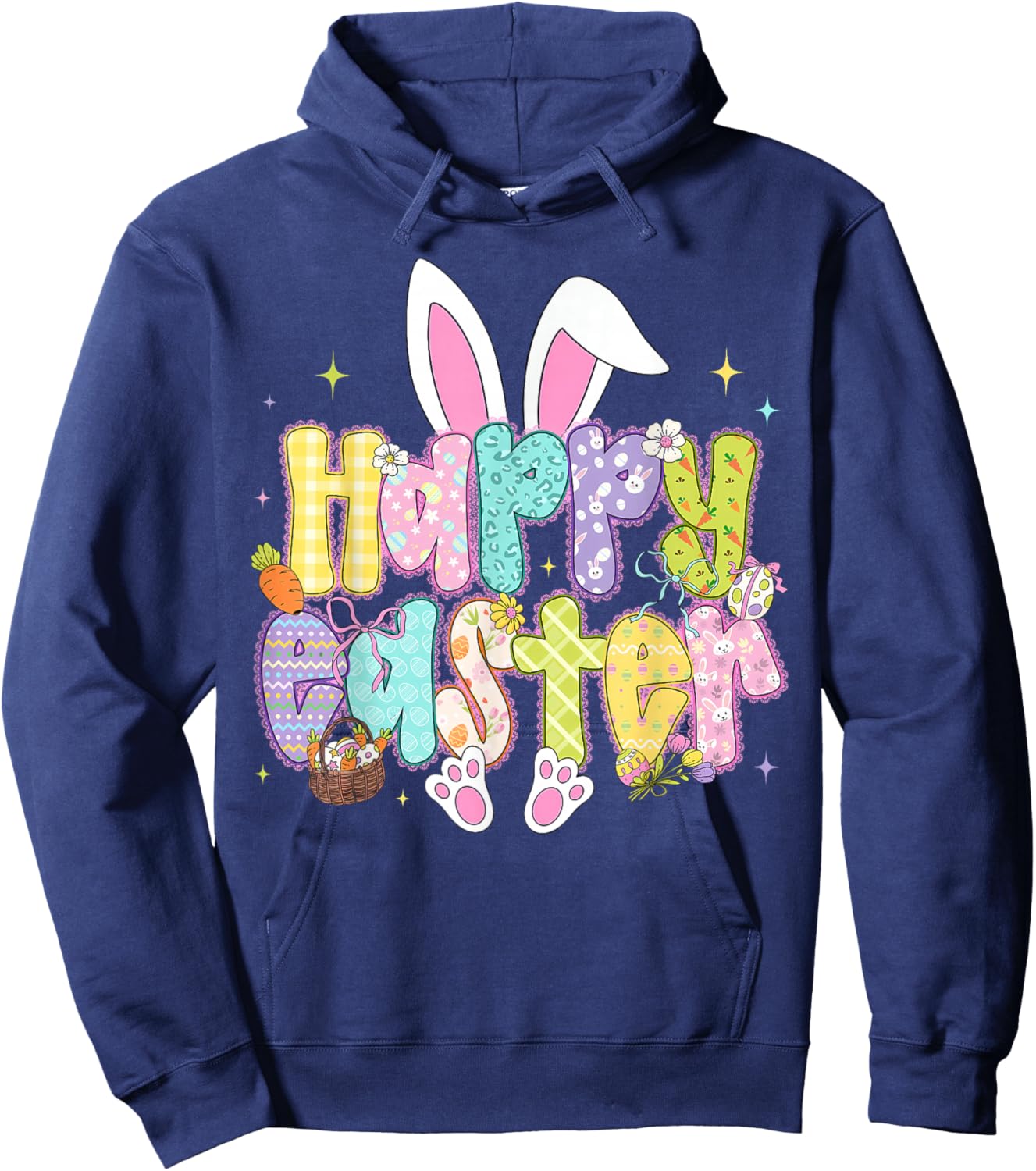 Preppy Brushstroke Happy Easter Coquette Bunny Easter Bow Hoodie - Hoodie | Navy