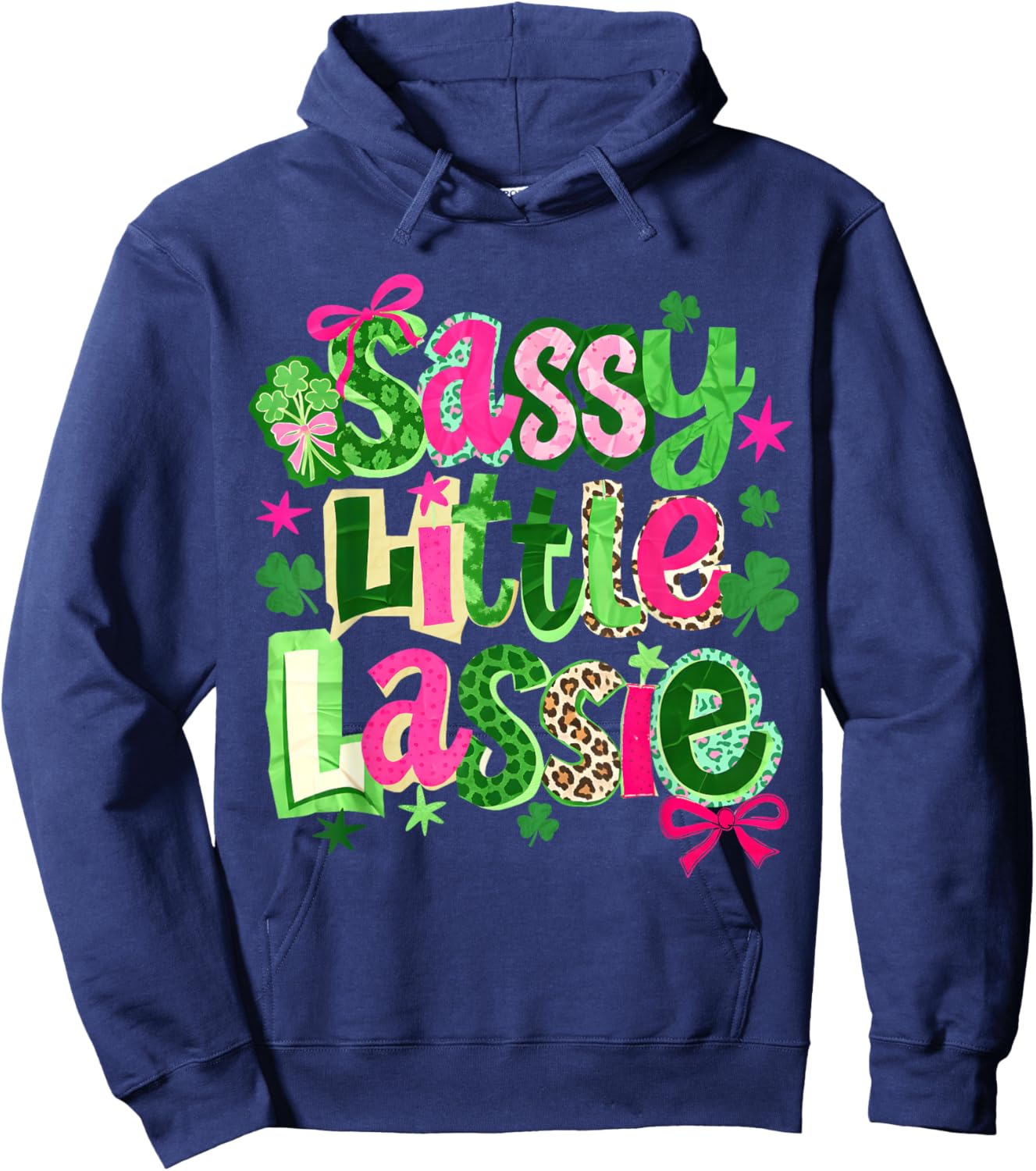 St Patricks Day Sassy Little Lassie Kids Girls Bow Shamrock Hoodie - Hoodie | Navy