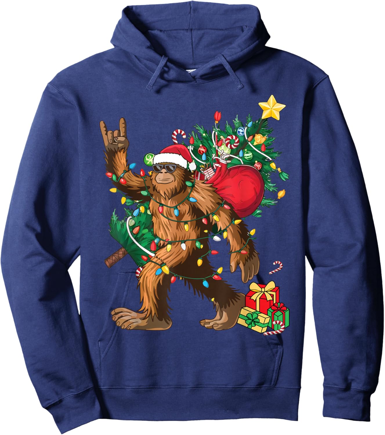 Bigfoot Christmas Tree Lights Xmas Boys Men Sasquatch Lovers Hoodie - Hoodie | Navy