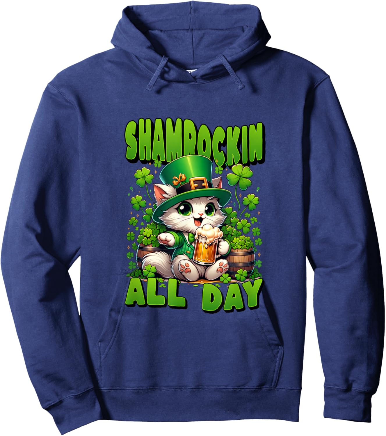 St Patrick's Day Shamrockin All Day. Cute Cat in Green Hat Hoodie - Hoodie | Navy