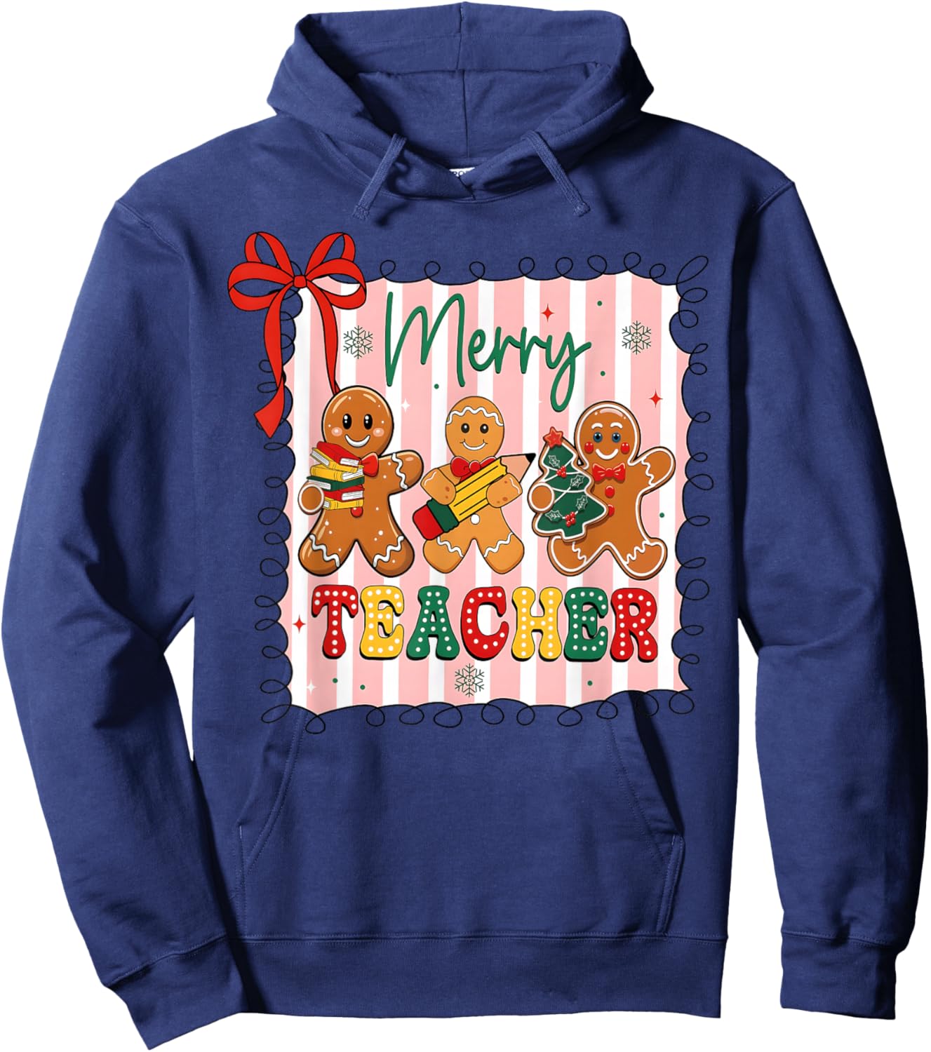 Christmas Preppy Gingerbread Coquette Bow Merry Teacher Hoodie - Hoodie | Navy