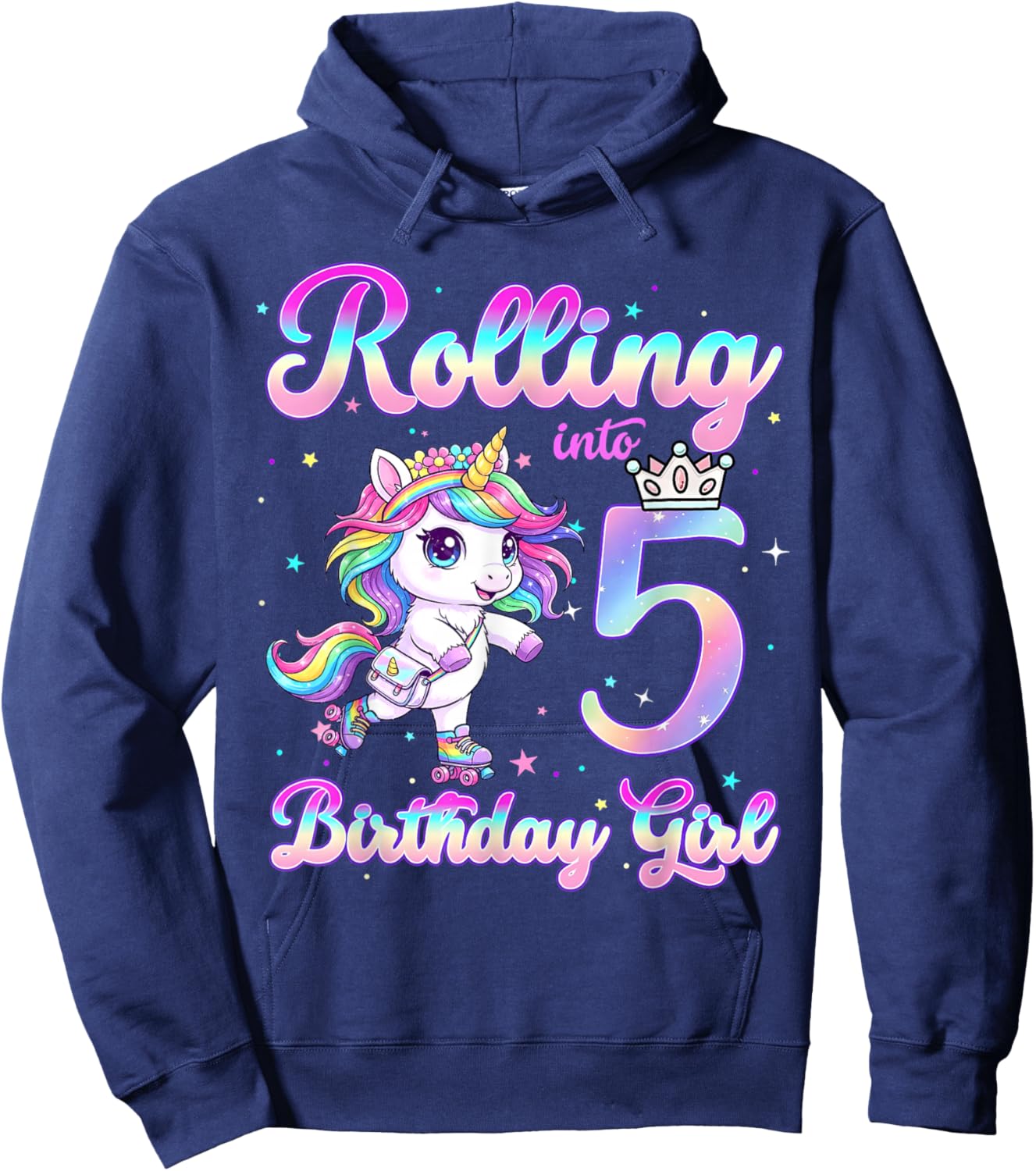 Kids Rolling Into 5 Roller Skating 5th Birthday Unicorn Girl Hoodie - Hoodie | Navy