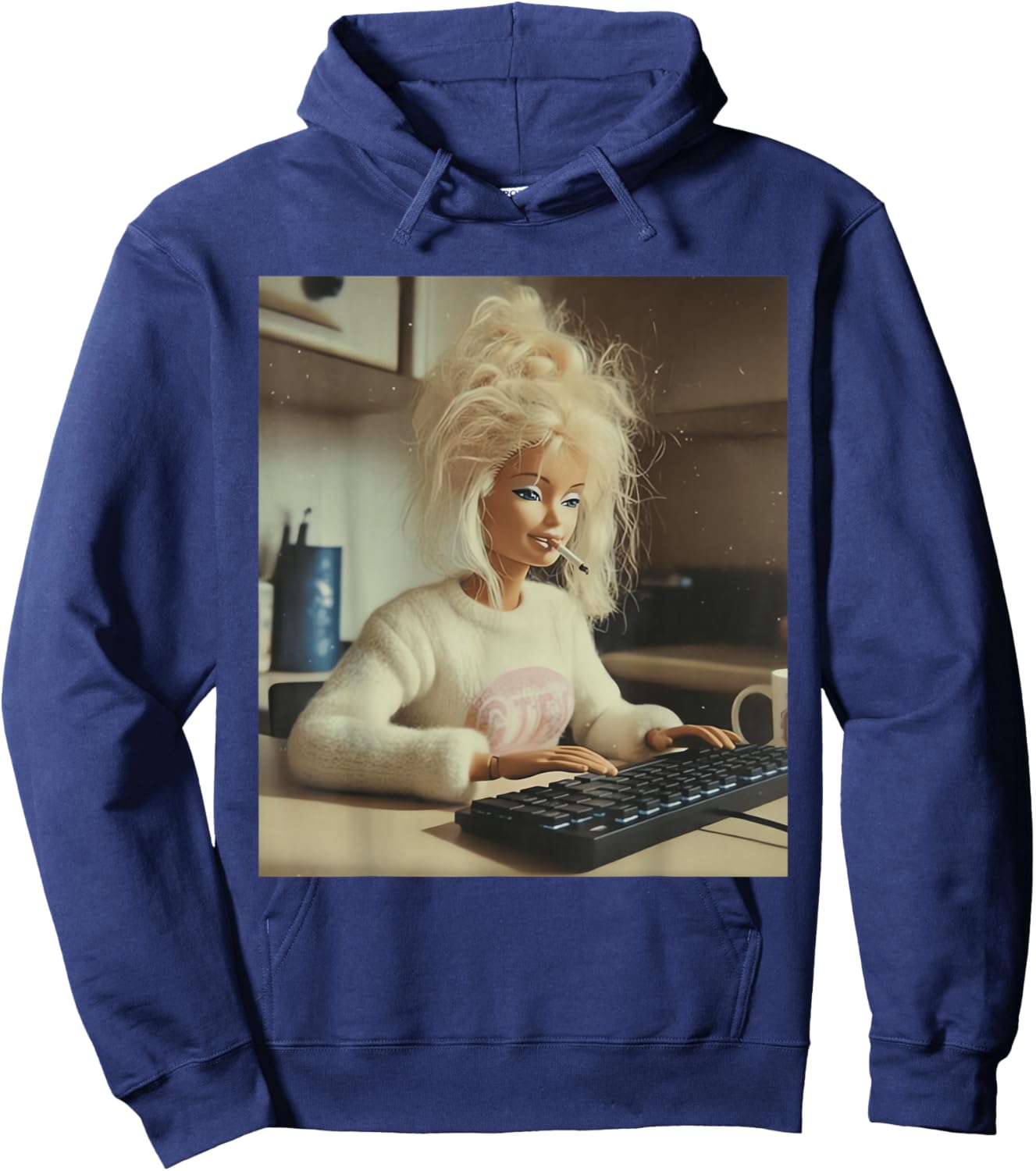 Funny Doll Face Working and Smoking Distressed Meme Hoodie - Hoodie | Navy