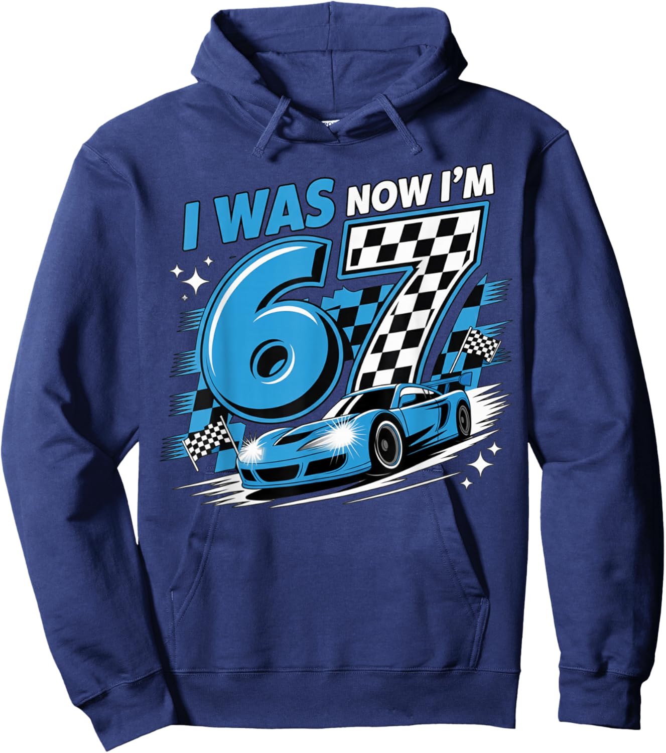 Blue Checkered Car Race I was 6 Now I'm 7 Birthday Boy Bday Hoodie - Hoodie | Navy