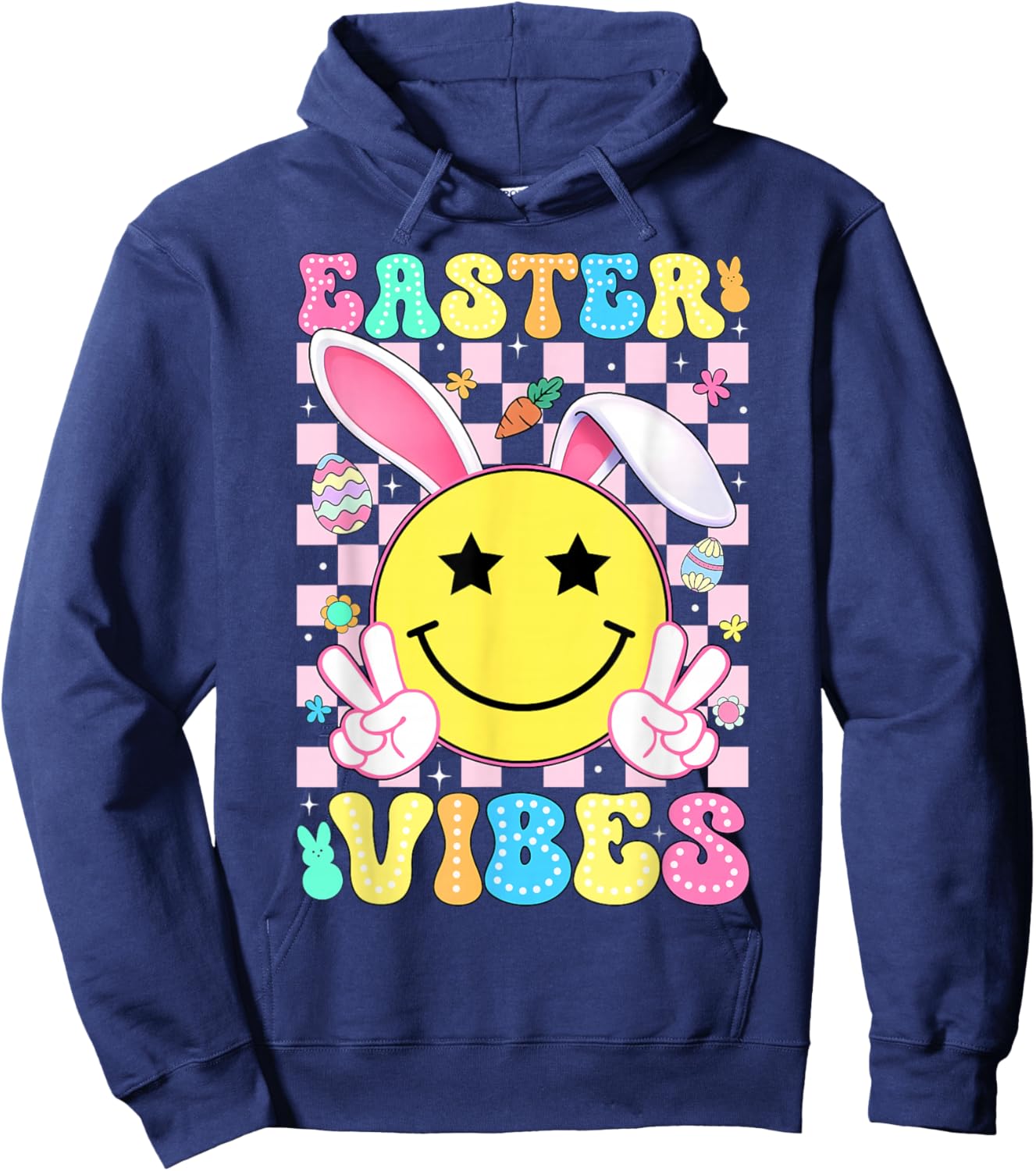 Easter Vibes Retro Groovy Bunny Rabbit Ears Women Girl Kid Hoodie - Hoodie | Navy