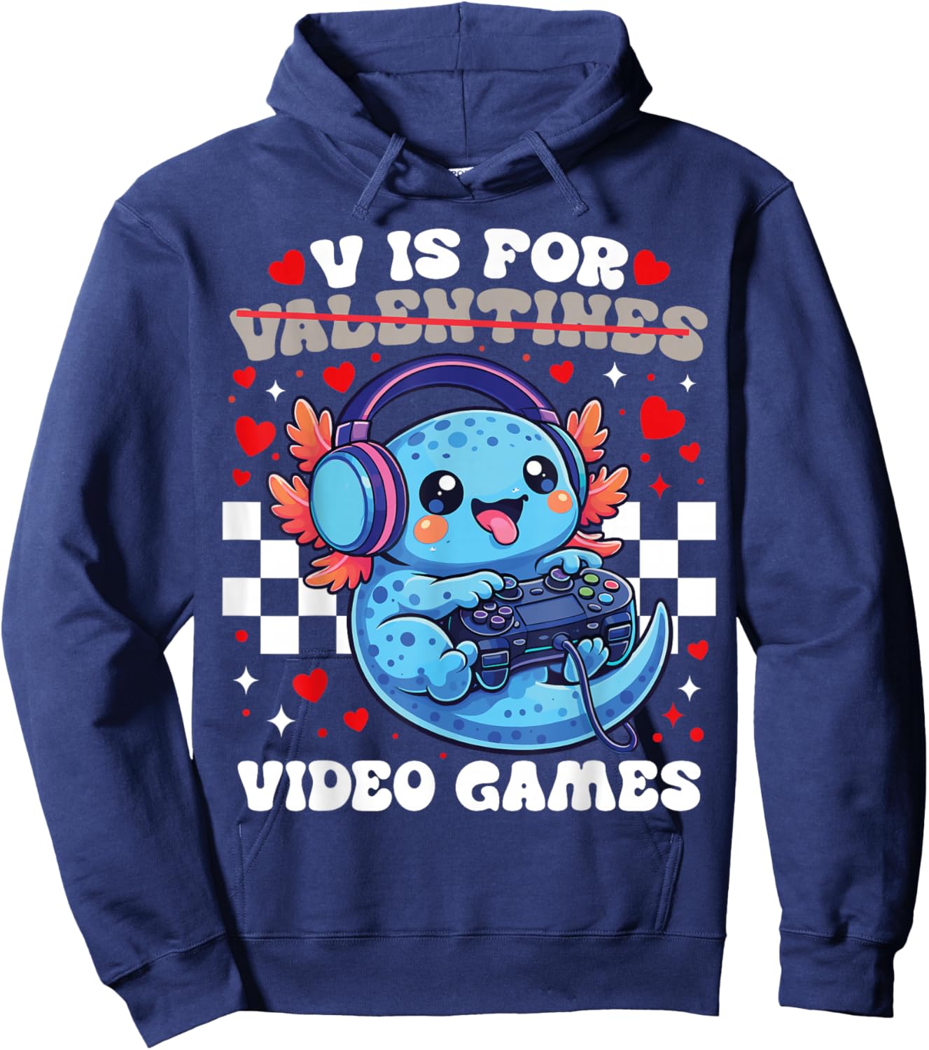 V is for Video Games Cute Axolotl Gamer Valentine Gaming Hoodie - Hoodie | Navy