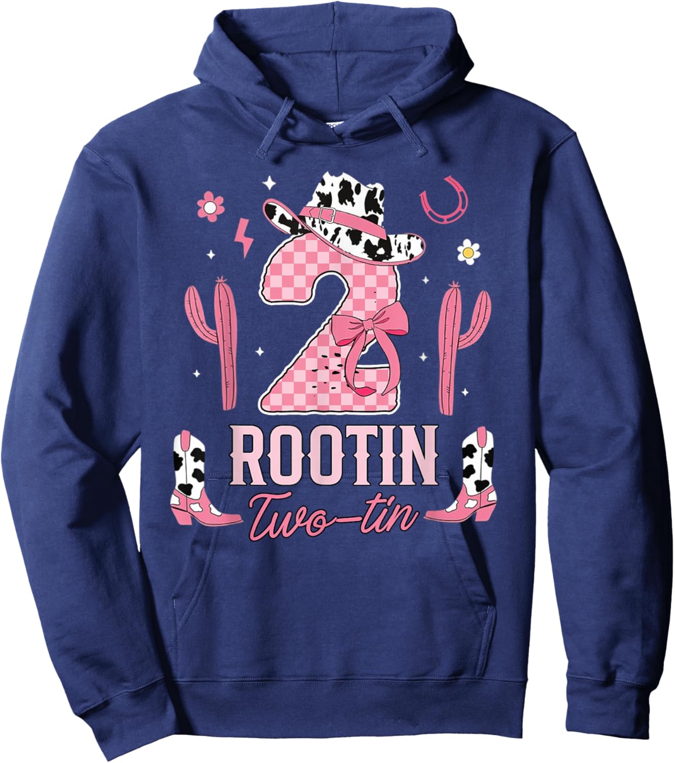 Rootin Two-tin Cowgirl Coquette Pink Bow 2nd Birthday Girl Hoodie - Hoodie | Navy