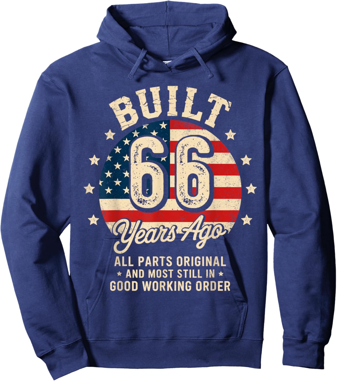 Built 66 Years Ago Funny 66th Birthday Vintage USA Flag Gift Hoodie - Hoodie | Navy