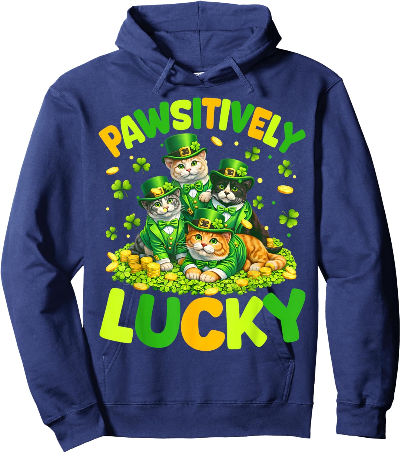 Pawsitively Lucky Cats St Patricks Day Cat Lover Women Kids Hoodie - Hoodie | Navy