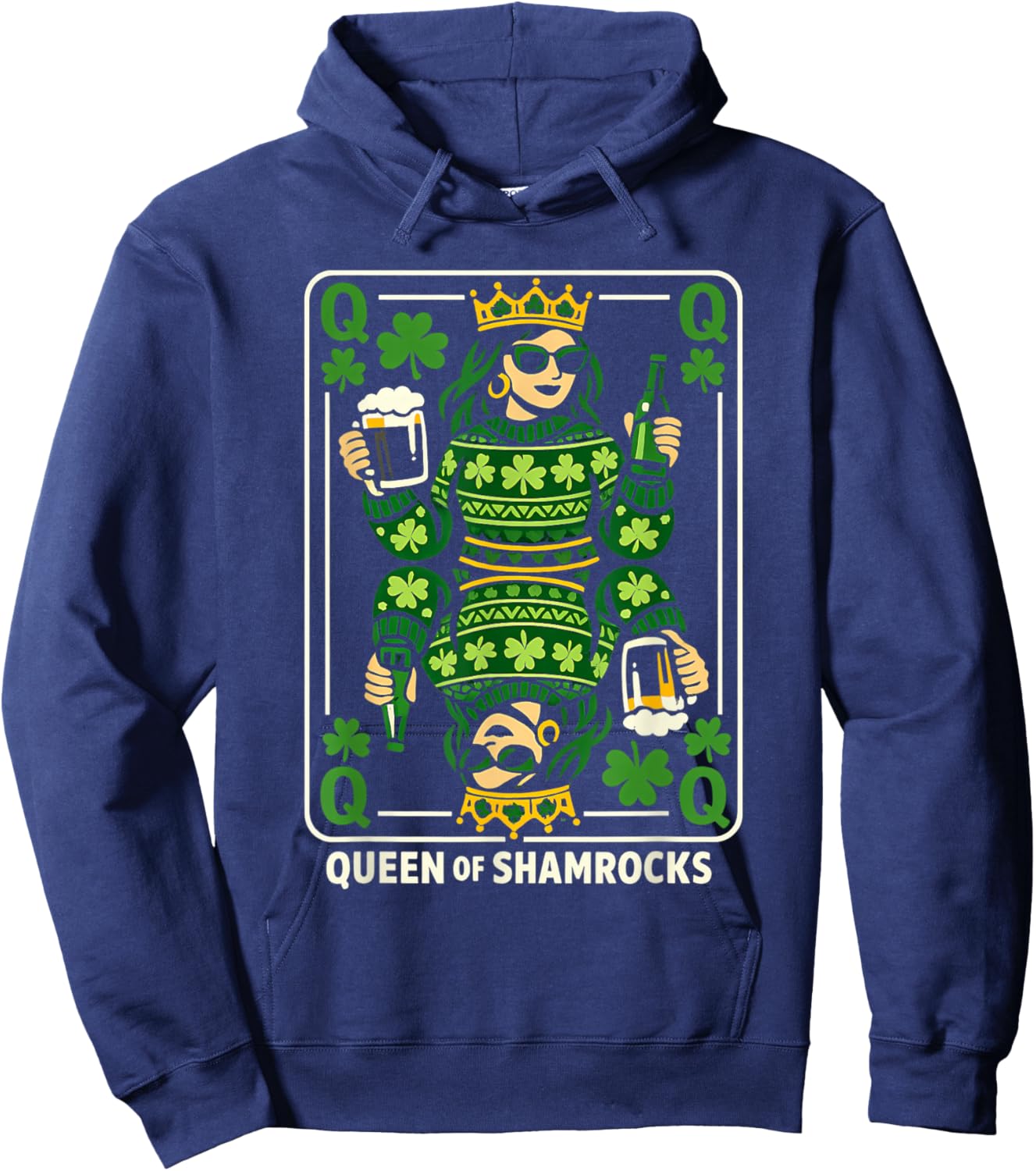 Queen of Shamrocks Shirt St Patrick’s Day Queen Playing Card Hoodie - Hoodie | Navy