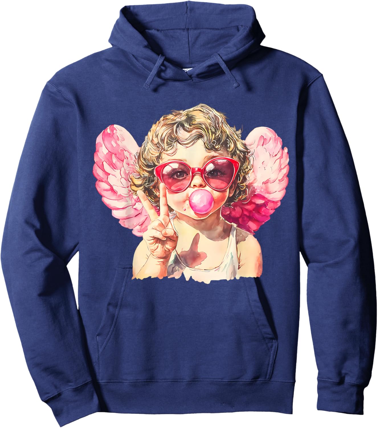 Pink Funny Sunglasses Cupid Blowing Bubble Gum Valentines Hoodie - Hoodie | Navy