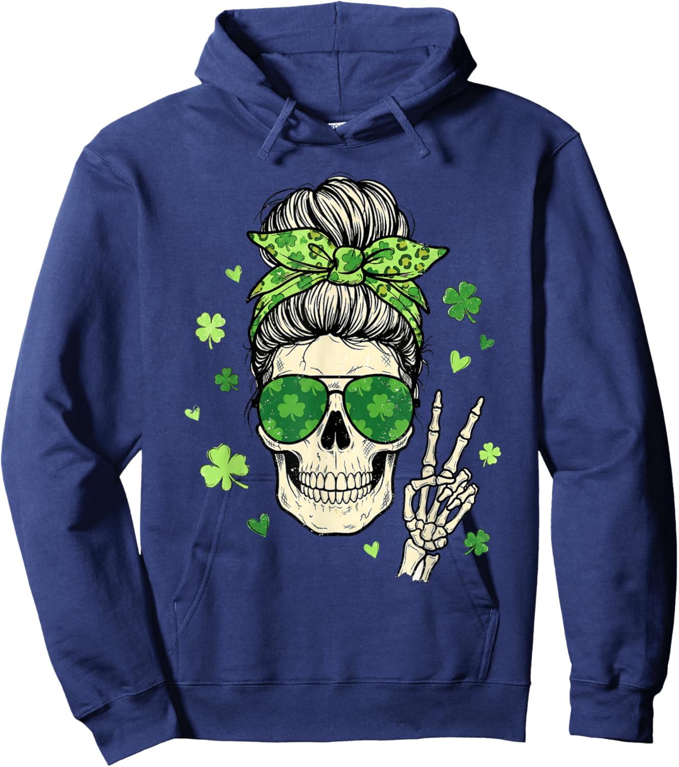 Skull Sunglass Messy Bun Irish Funny St Patrick's Day Women Hoodie - Hoodie | Navy