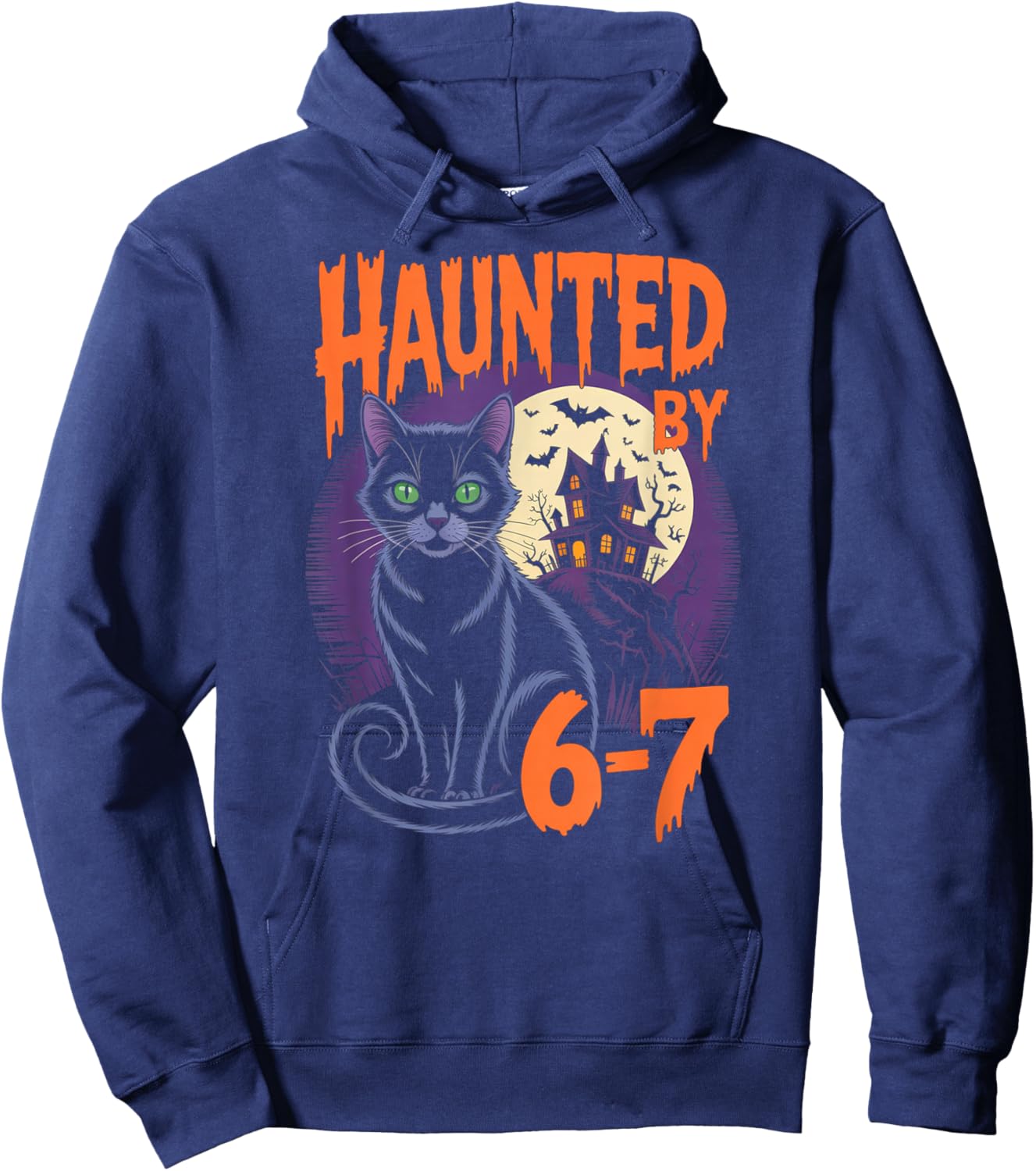 Haunted by 67 Funny Black Cat Haunted House Halloween Hoodie - Hoodie | Navy