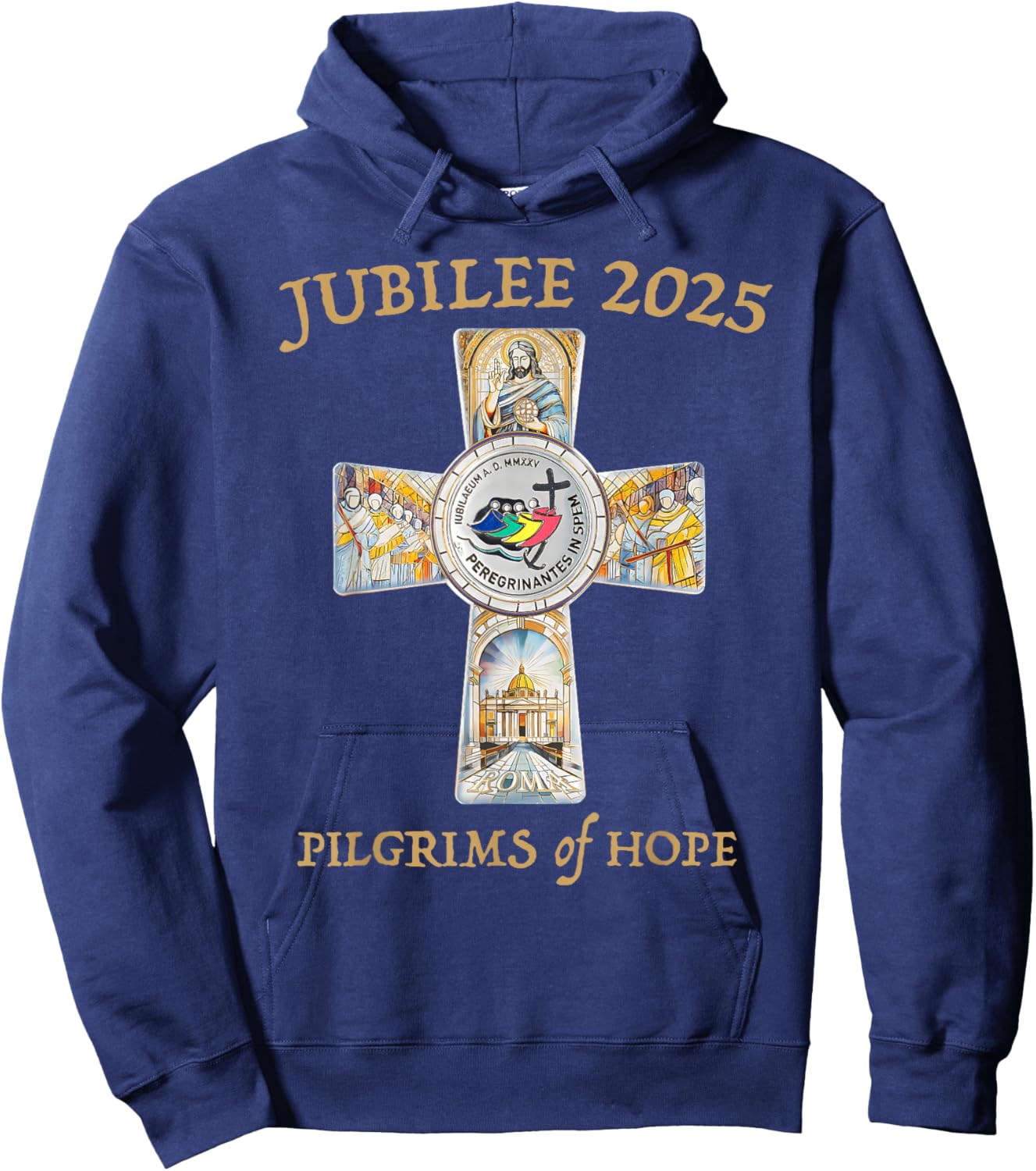 Jubilee 2025 Catholic Christian Pilgrims Cross Jesus Faith Hoodie - Hoodie | Navy